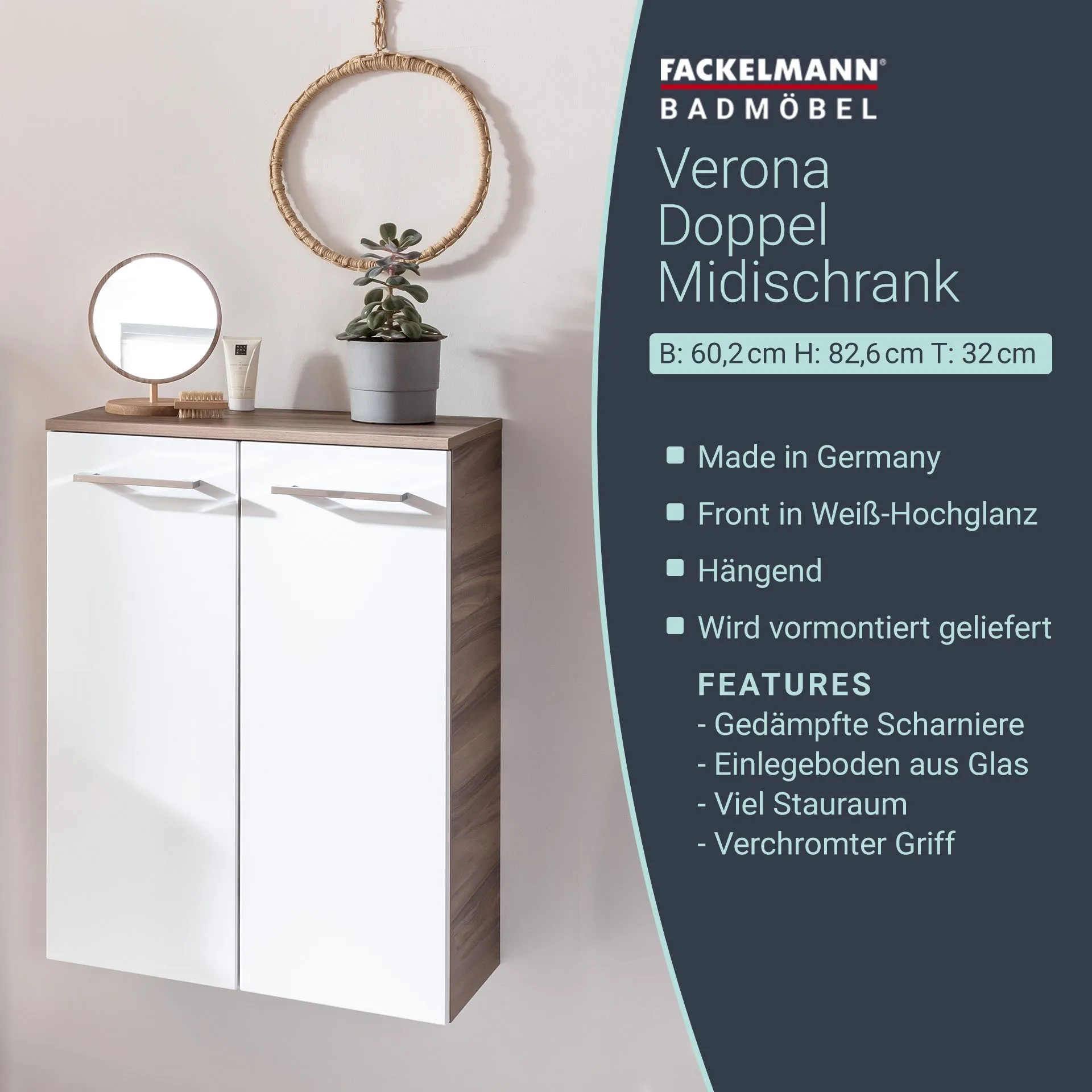 FACKELMANN VERONA Doppel Midischrank 60 cm breit, Weiß Hochglanz/Braun Dunkel