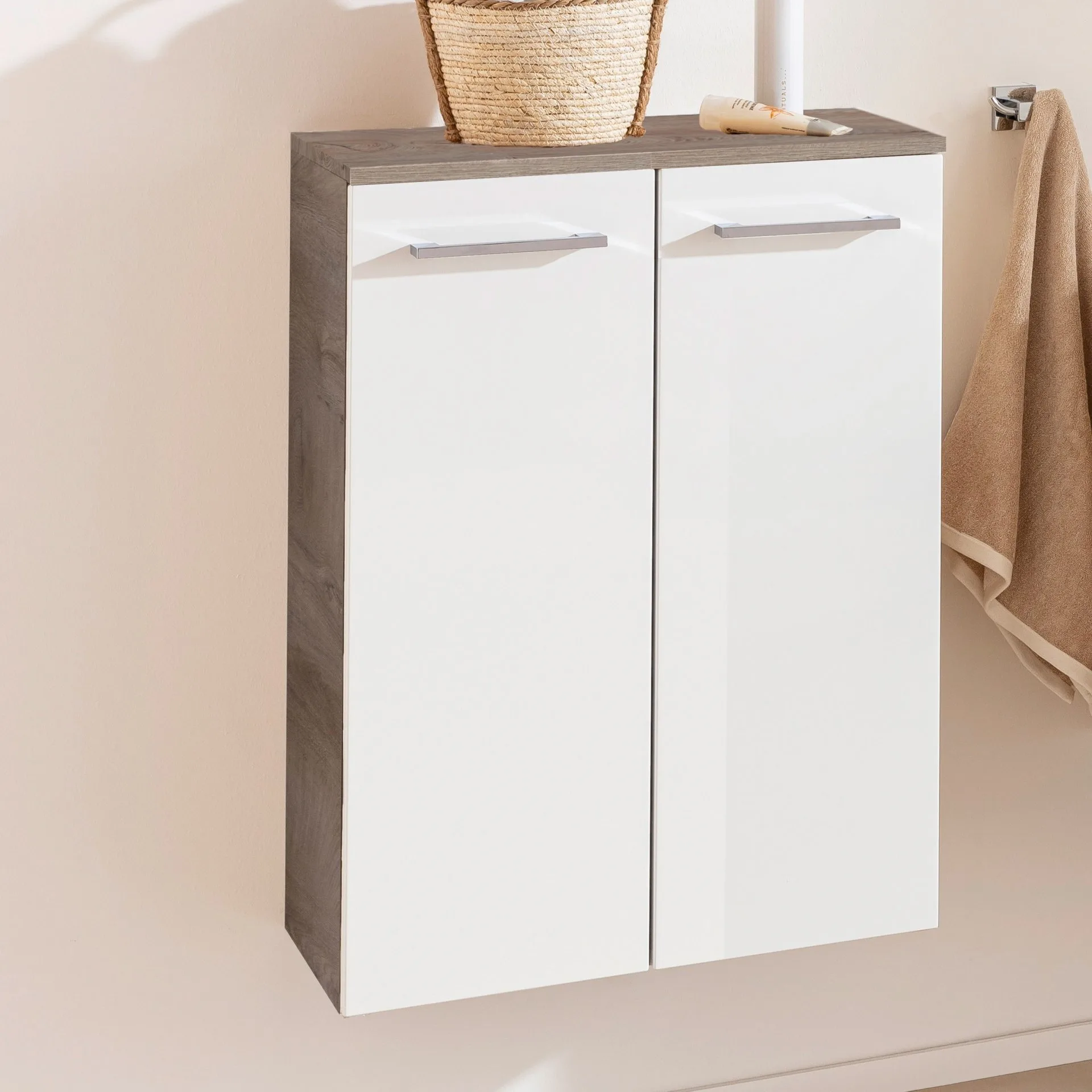 FACKELMANN B.STYLE Doppel Midischrank 60 cm, Weiß/Braun hell, mit Wäschekorb
