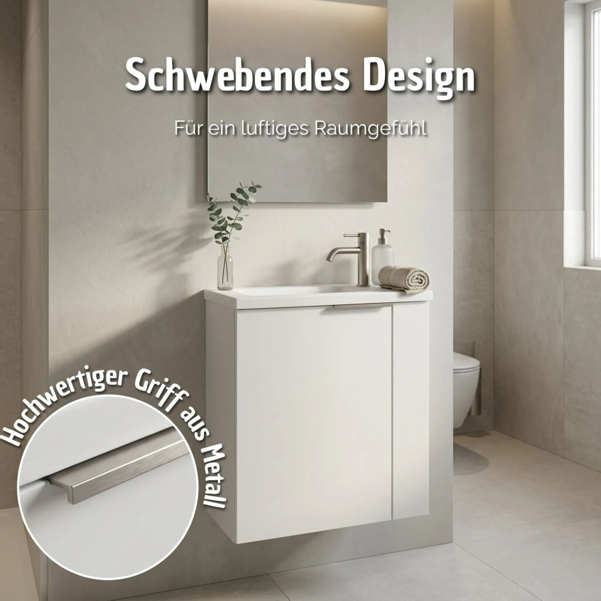 BADEDU UMEA Gäste WC Waschtisch Set 50 cm breit, Weiß, Waschbecken Gussmarmor Weiß