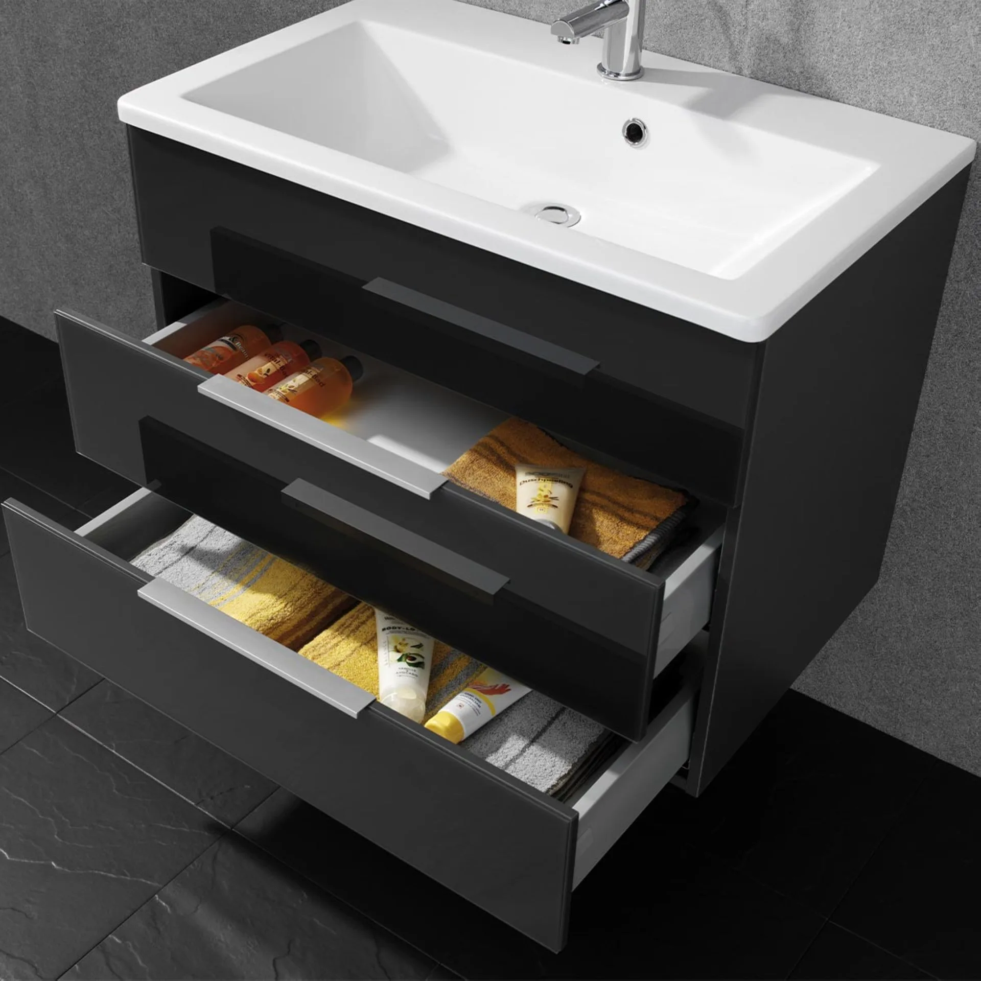 FACKELMANN KARA Waschbecken mit Unterschrank 80 cm breit, Anthrazit, Waschbecken Gussmarmor Weiß, 2 Schubladen