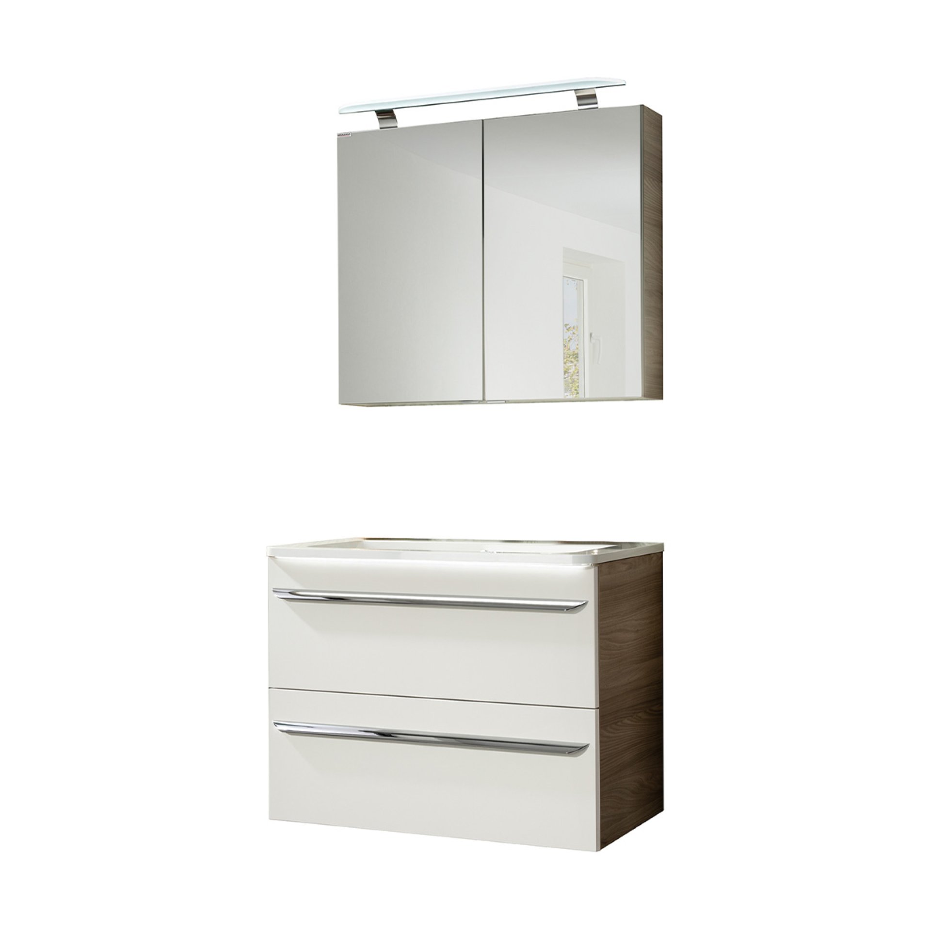 Fackelmann LUXOR Badmöbel Set 3-teilig 80 cm, Braun/Weiß + LED-Spiegelschrank