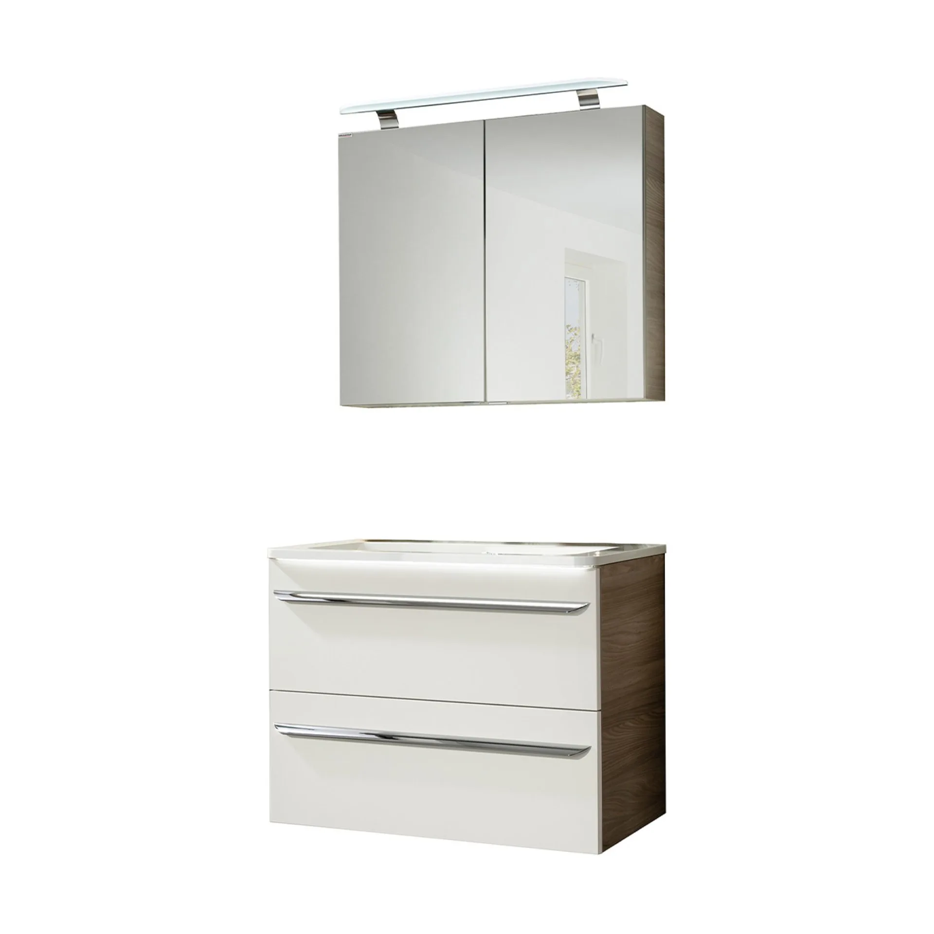 FACKELMANN LUXOR Waschtisch Set mit Spiegelschrank 80 cm breit, Weiß/Braun hell, Waschbecken Gussmarmor Weiß