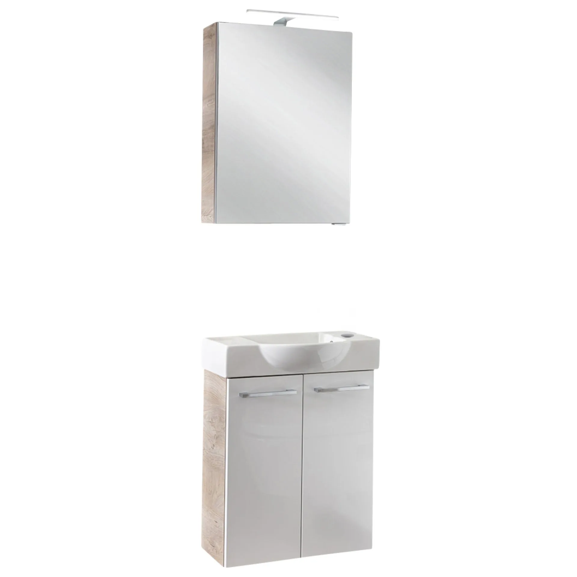 FACKELMANN SBC STANFORD Gäste WC Waschtisch Set mit Spiegelschrank 55 cm breit, Weiß/Braun hell, Türanschlag rechts