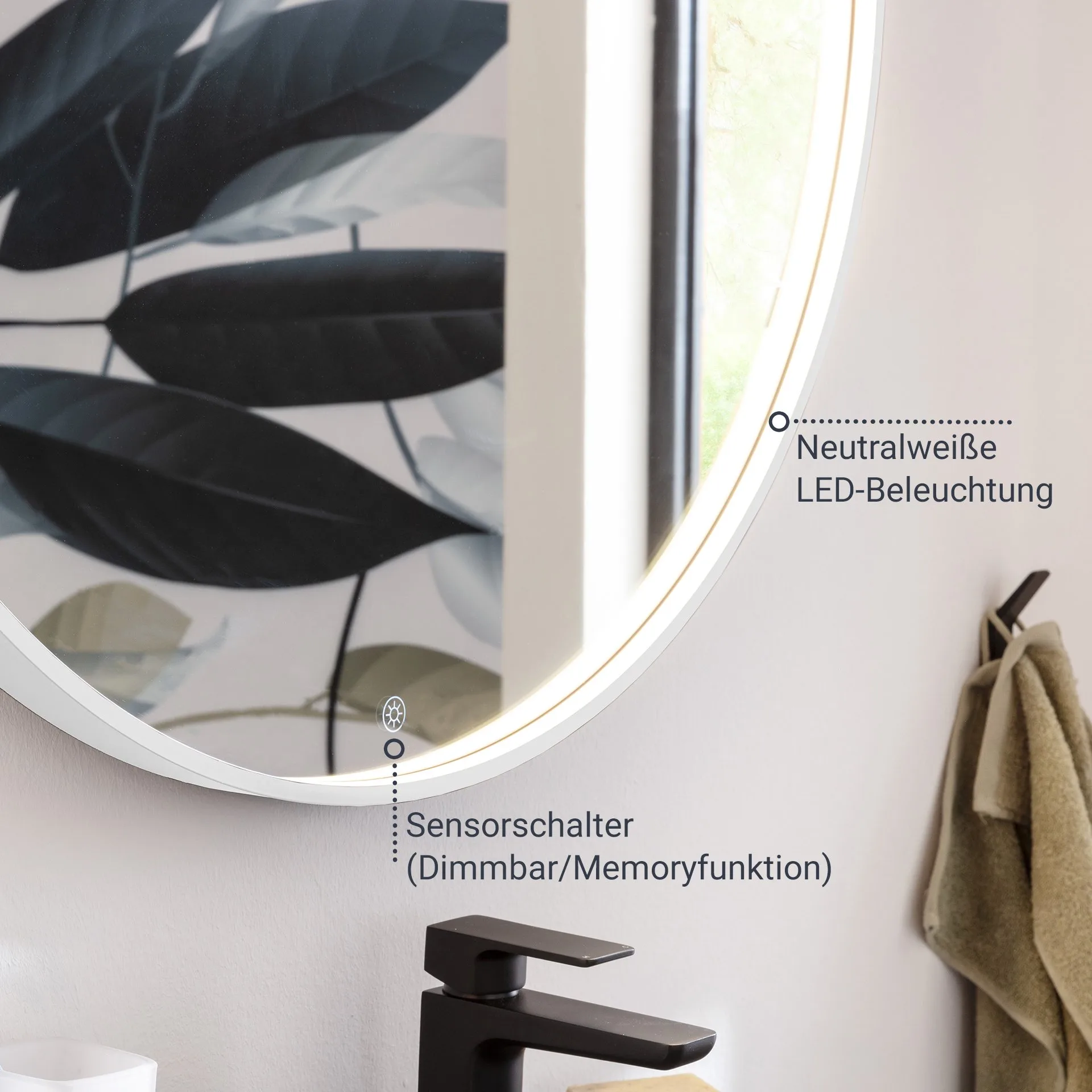 BADEDU VAAL LED Spiegel Ø 90 cm, rund, Weiß, Sensor