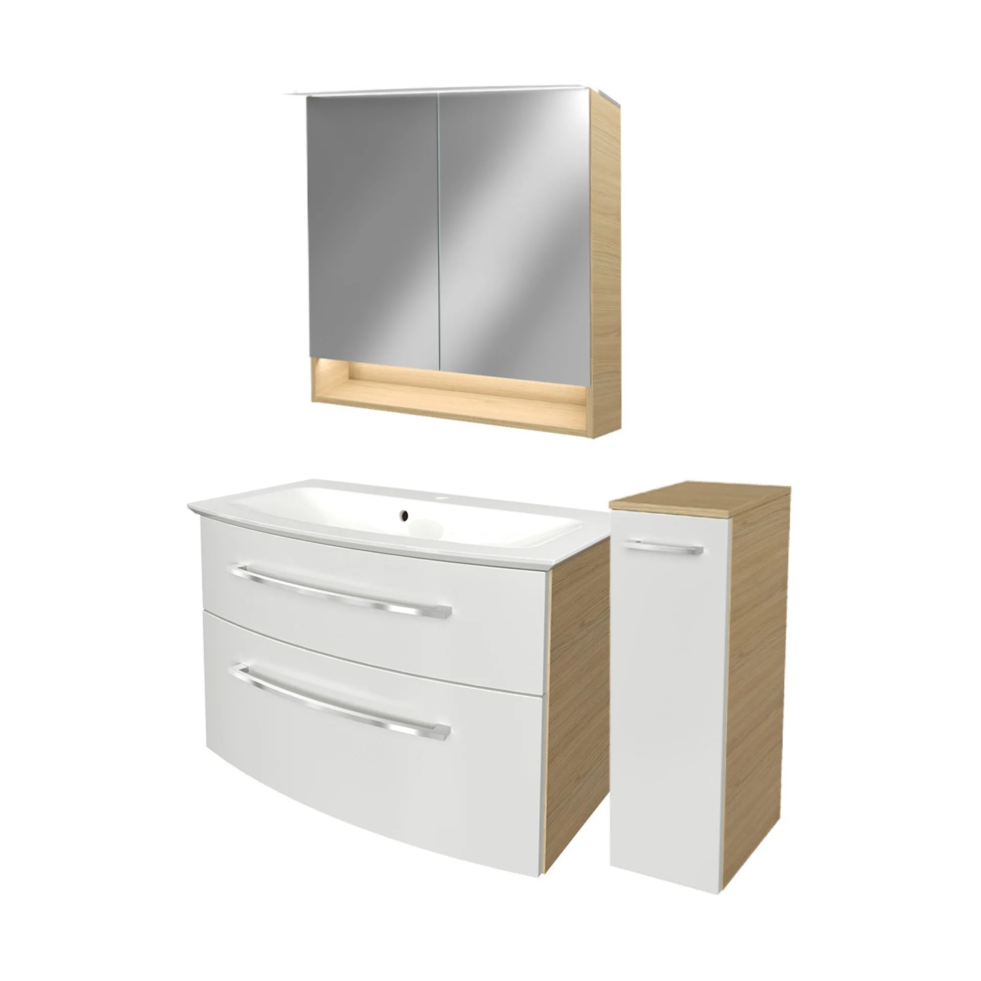 FACKELMANN B.STYLE Badmöbel Set 4-teilig 83 cm breit, Weiß/Braun, Waschbecken Gussmarmor Weiß + LED-Spiegelschrank + Midischrank Türanschlag rechts