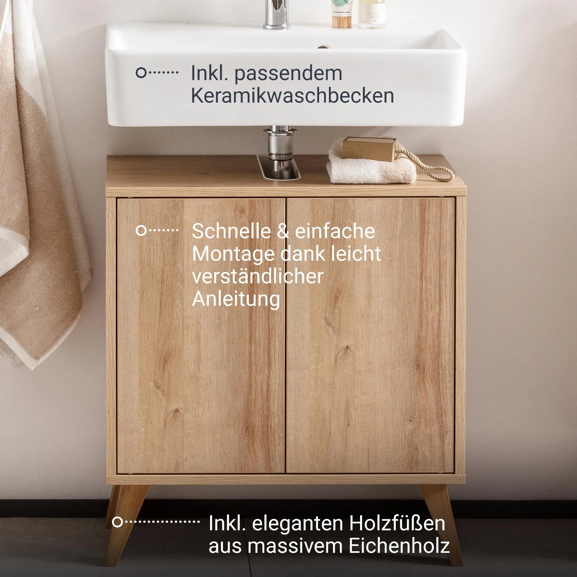 FACKELMANN FINN Waschbecken mit Unterschrank 60 cm breit, Braun hell, Waschbecken Keramik Weiß + Holzfüße
