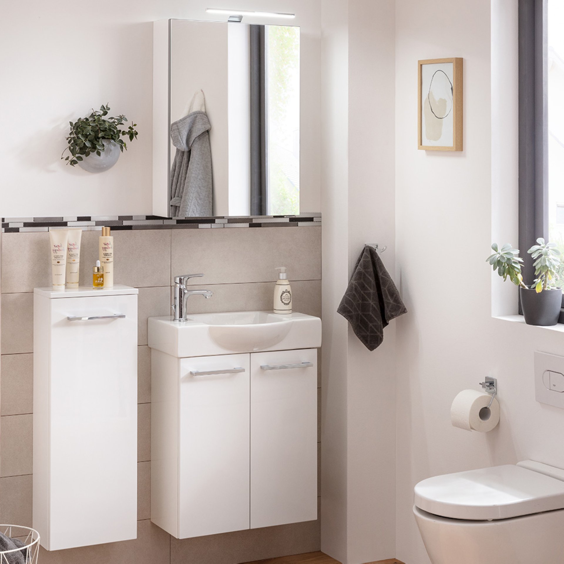 FACKELMANN SBC SCENO Gäste WC Waschtisch Set mit Spiegelschrank 55 cm breit, Weiß, Türanschlag links