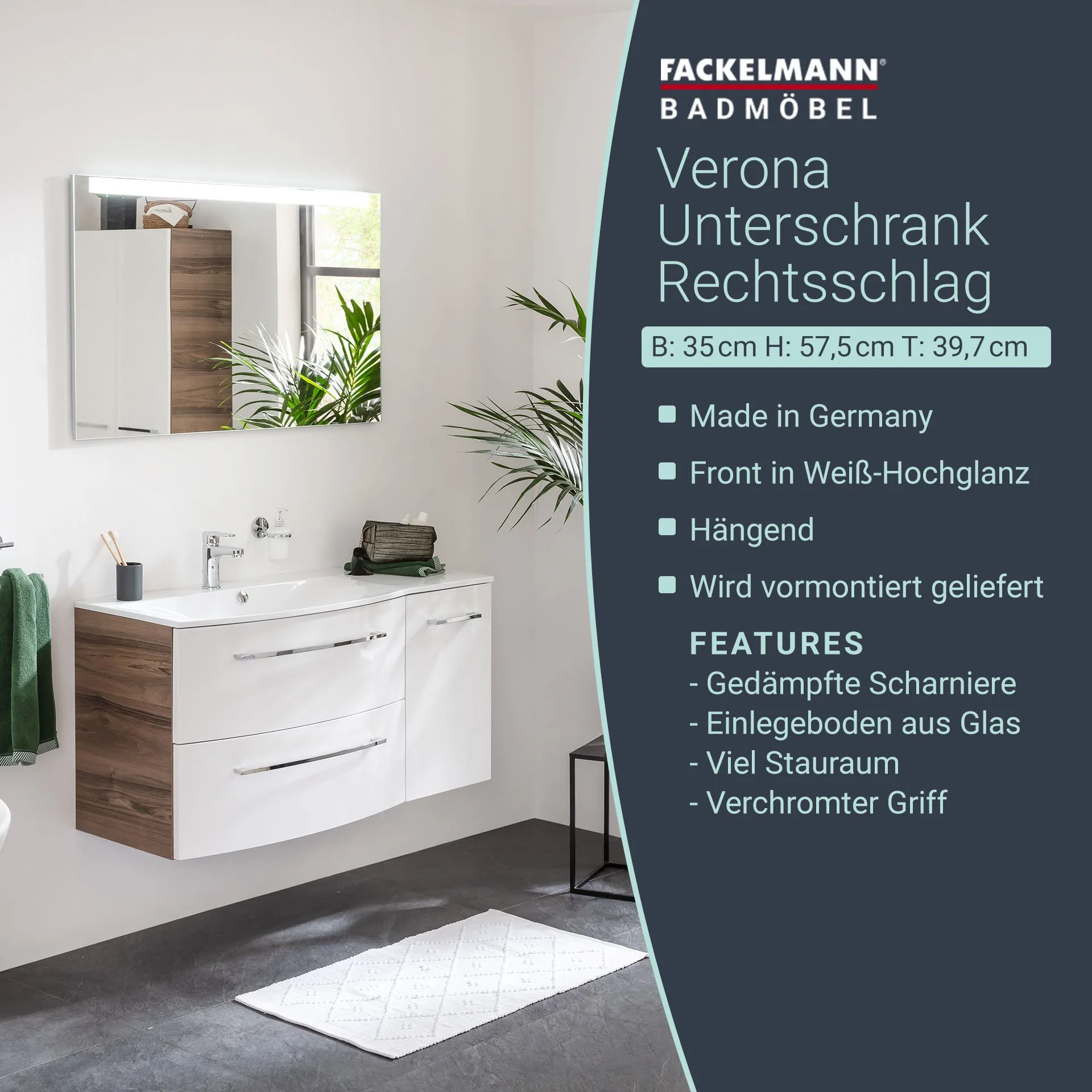 FACKELMANN VERONA Unterschrank 35 cm breit, Weiß Hochglanz/Braun Dunkel, Türanschlag rechts