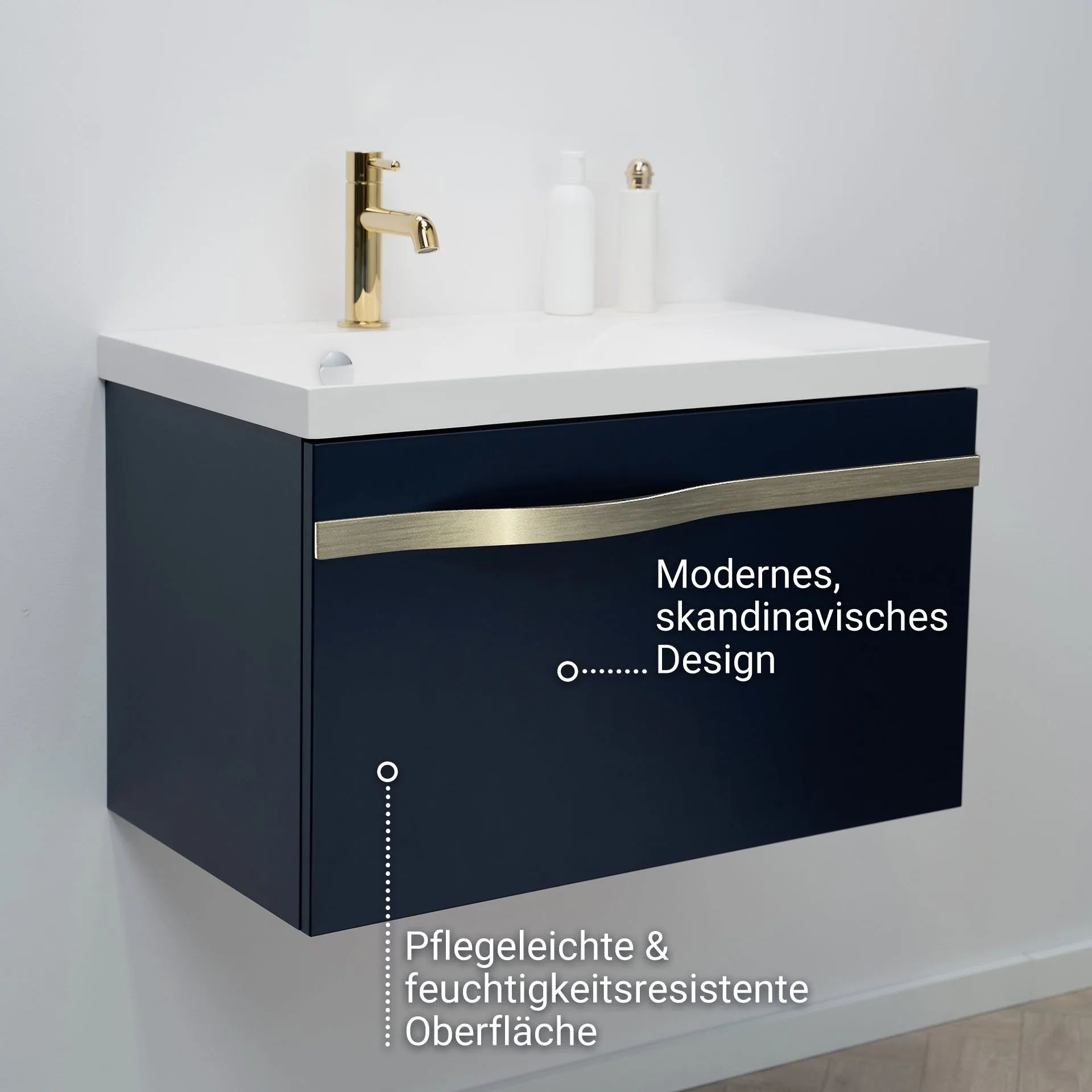 BADEDU FILS Waschbecken mit Unterschrank 69 cm breit, Blau, Waschbecken Gussmarmor Weiß, Griff Silber