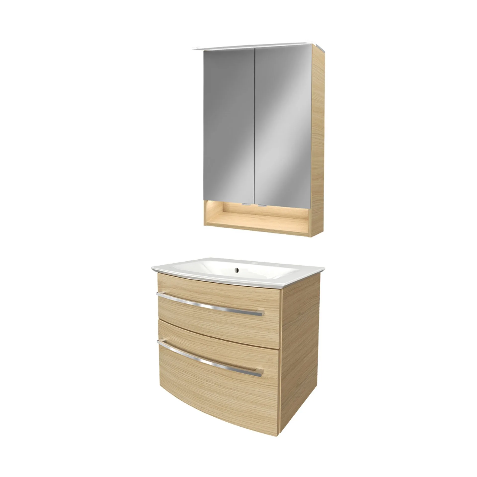 FACKELMANN B.STYLE Waschtisch Set mit Spiegelschrank 60 cm breit, Braun, Waschbecken Gussmarmor Weiß
