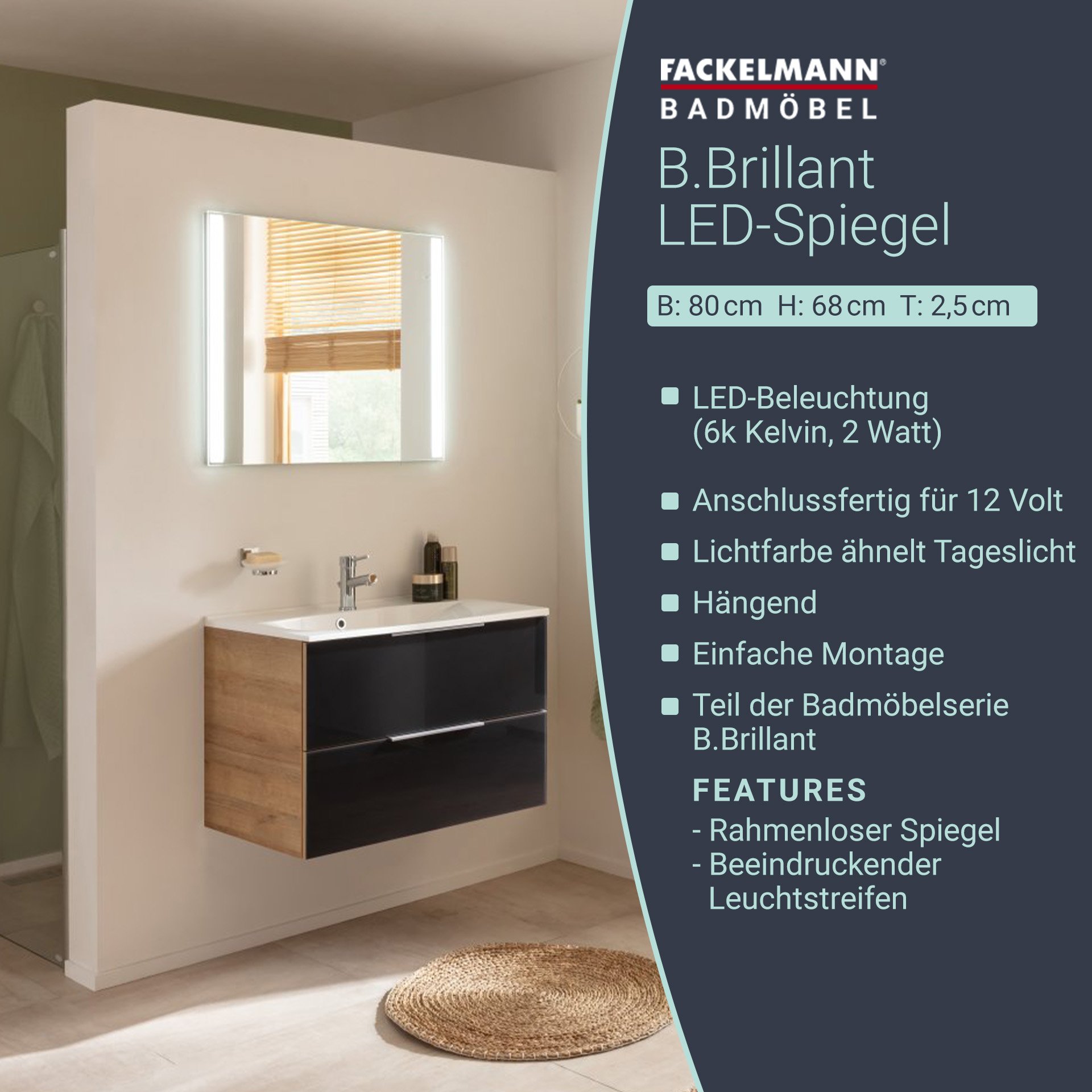 Fackelmann B.BRILLANT LED Spiegel 80 cm