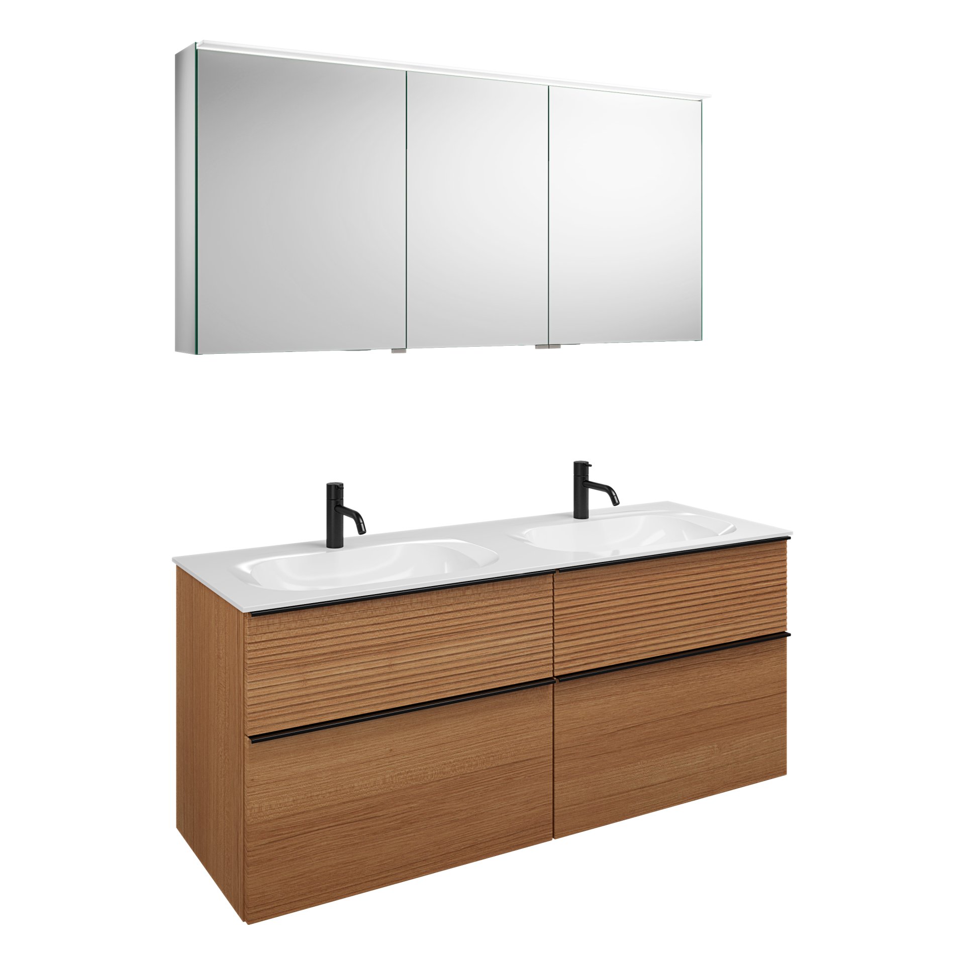 Burgbad FIUMO Waschtisch Set mit Spiegelschrank 142 cm breit, Braun, Doppelwaschbecken Gussmarmor Weiß, 4 Schubladen, Anschlag links