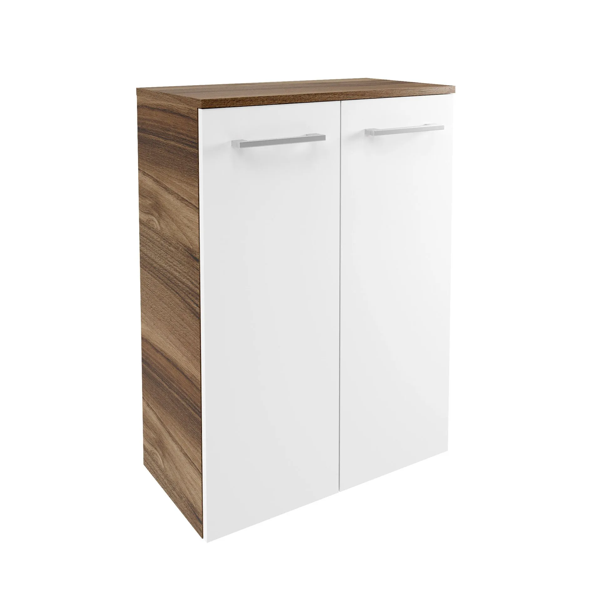 FACKELMANN VERONA Doppel Midischrank 60 cm breit, Weiß Hochglanz/Braun Dunkel, mit Schublade