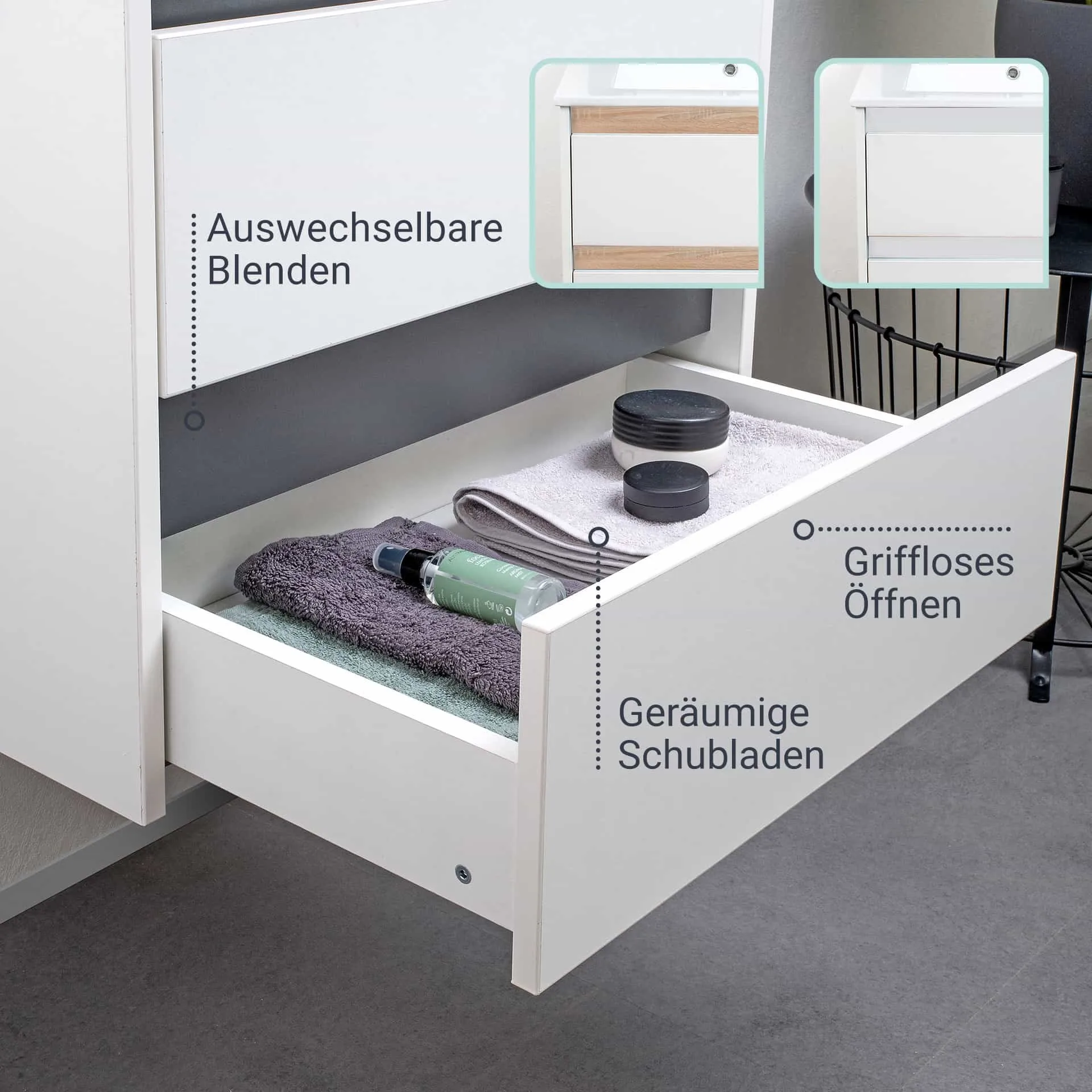 BADEDU BYK Waschbecken mit Unterschrank 60 cm breit, Weiß/Braun/Anthrazit, Waschbecken Keramik Weiß, Blende tauschbar