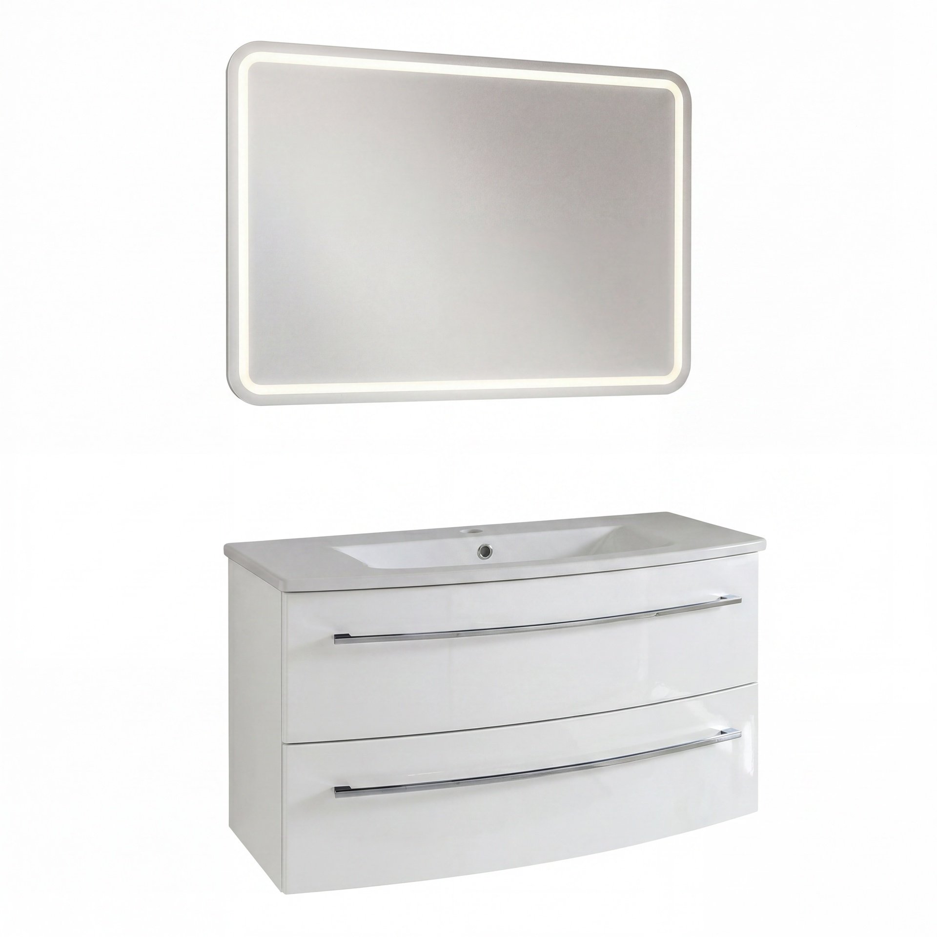 LANZET IMPULSO Waschtisch Set mit Spiegel 90 cm breit, Weiß, Waschbecken Keramik Weiß