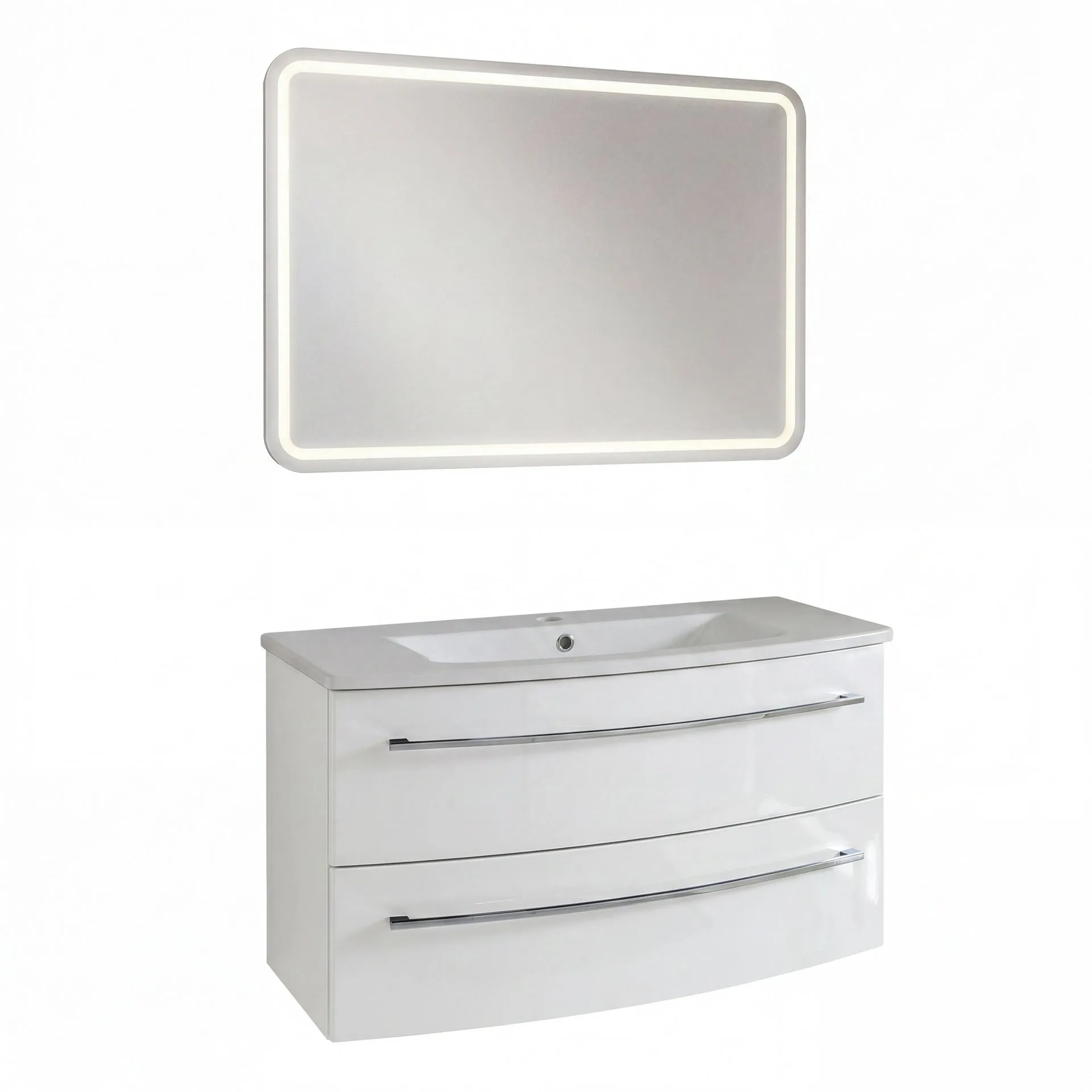 LANZET IMPULSO Waschtisch Set mit Spiegel 90 cm breit, Weiß, Waschbecken Keramik Weiß