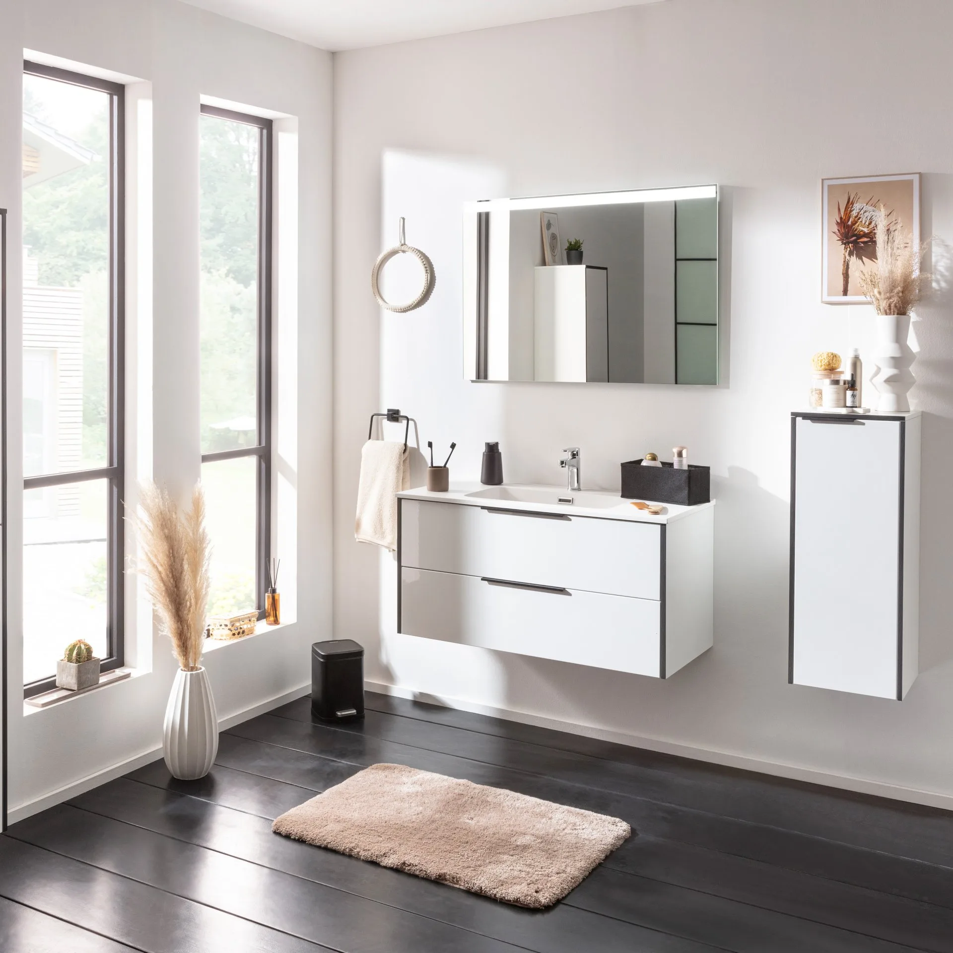 FACKELMANN FLAIR Waschbecken mit Unterschrank 101 cm breit, Weiß/Anthrazit, Waschbecken Gussmarmor Weiß matt