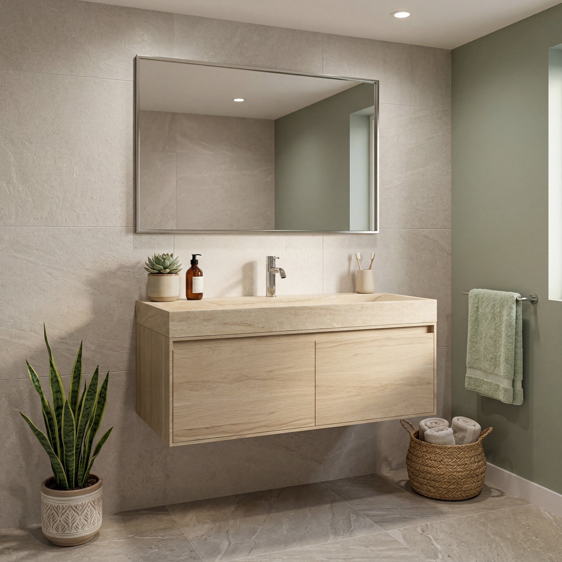 FORZALAQUA IBIZA BELLEZZA Waschbecken mit Unterschrank 120 cm breit, Braun hell, Natursteinwaschbecken Travertin matt mit Hahnloch, 2 Schubladen