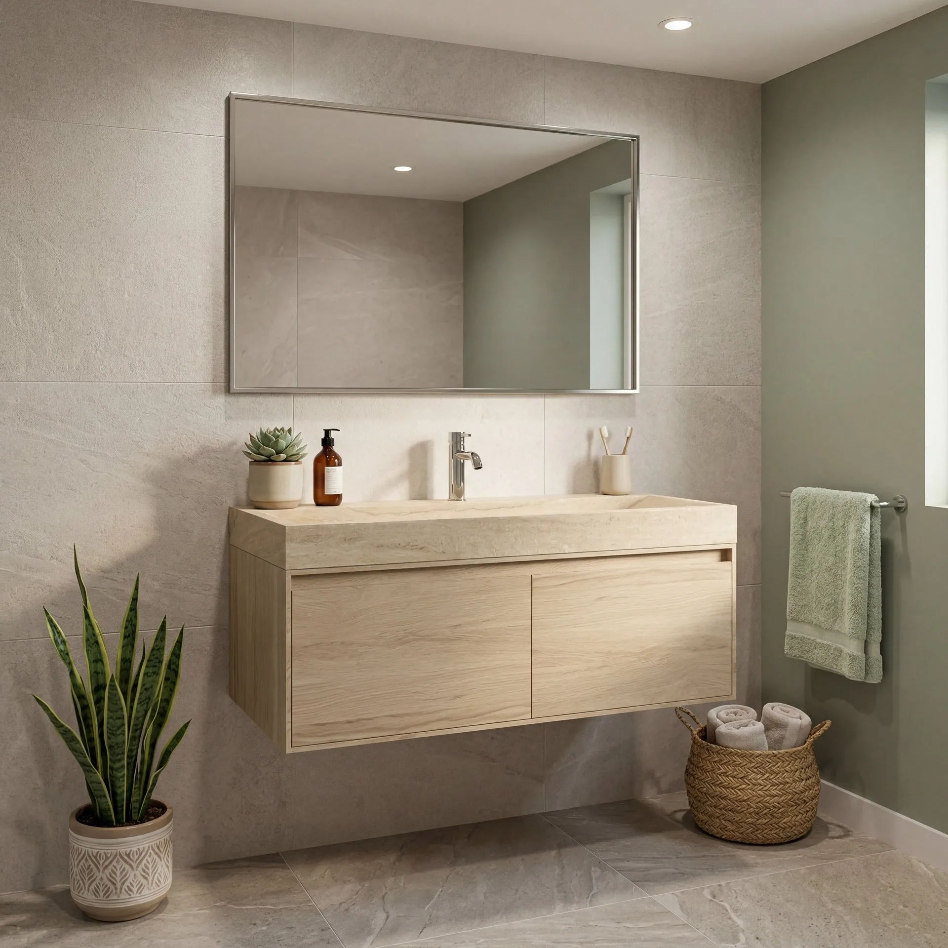 FORZALAQUA IBIZA BELLEZZA Waschbecken mit Unterschrank 120 cm breit, Braun hell, Natursteinwaschbecken Travertin matt mit Hahnloch, 2 Schubladen