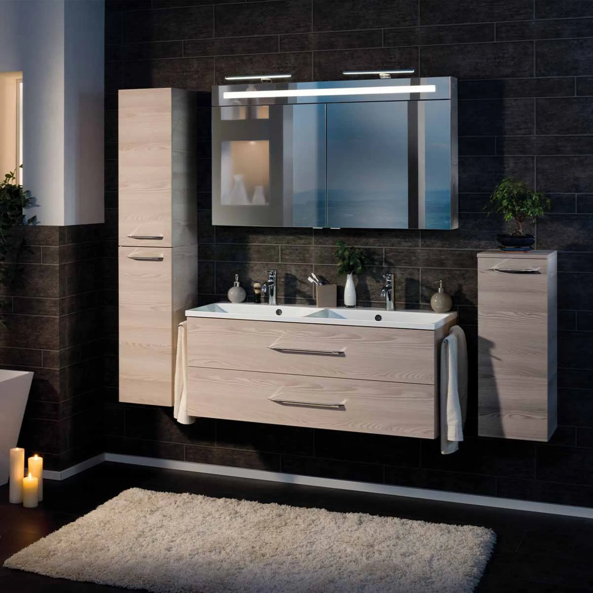 FACKELMANN B.CLEVER Waschbecken mit Unterschrank 120 cm, Braun hell, Doppelwaschbecken Gussmarmor Weiß