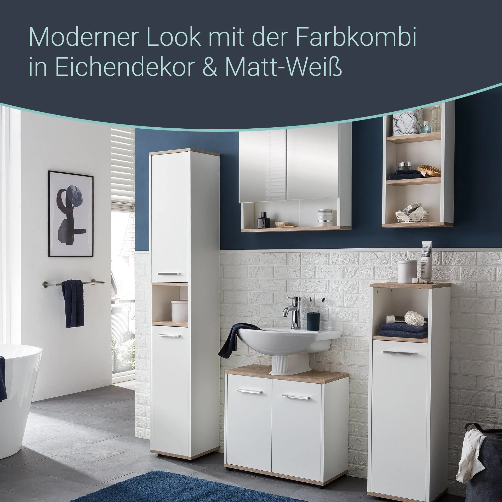 BADEDU ARC Midischrank 30 cm breit, Weiß/Braun hell
