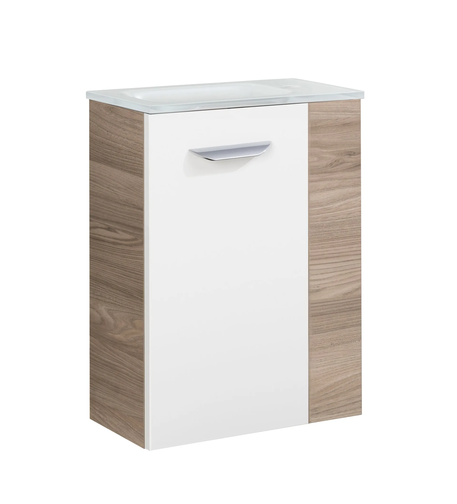 FACKELMANN SBC LUXOR Gäste WC Waschtisch Set 45 cm breit, Weiß/Braun hell, Waschbecken Glas Weiß, Türanschlag links