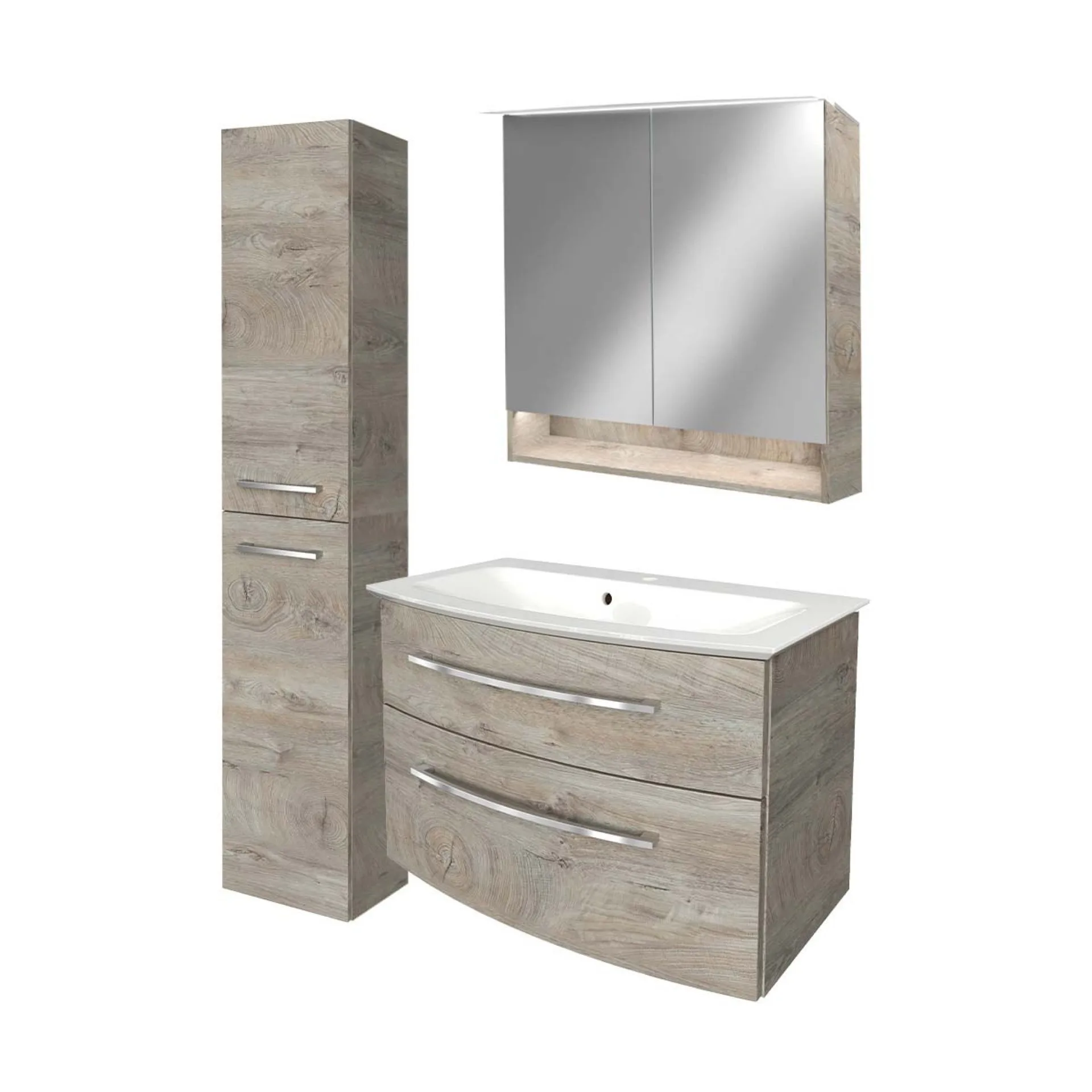 FACKELMANN B.STYLE Badmöbel Set 4-teilig 83 cm breit, Braun hell + LED Spiegel Spiegelschrank+ Hochschrank Türanschlag links