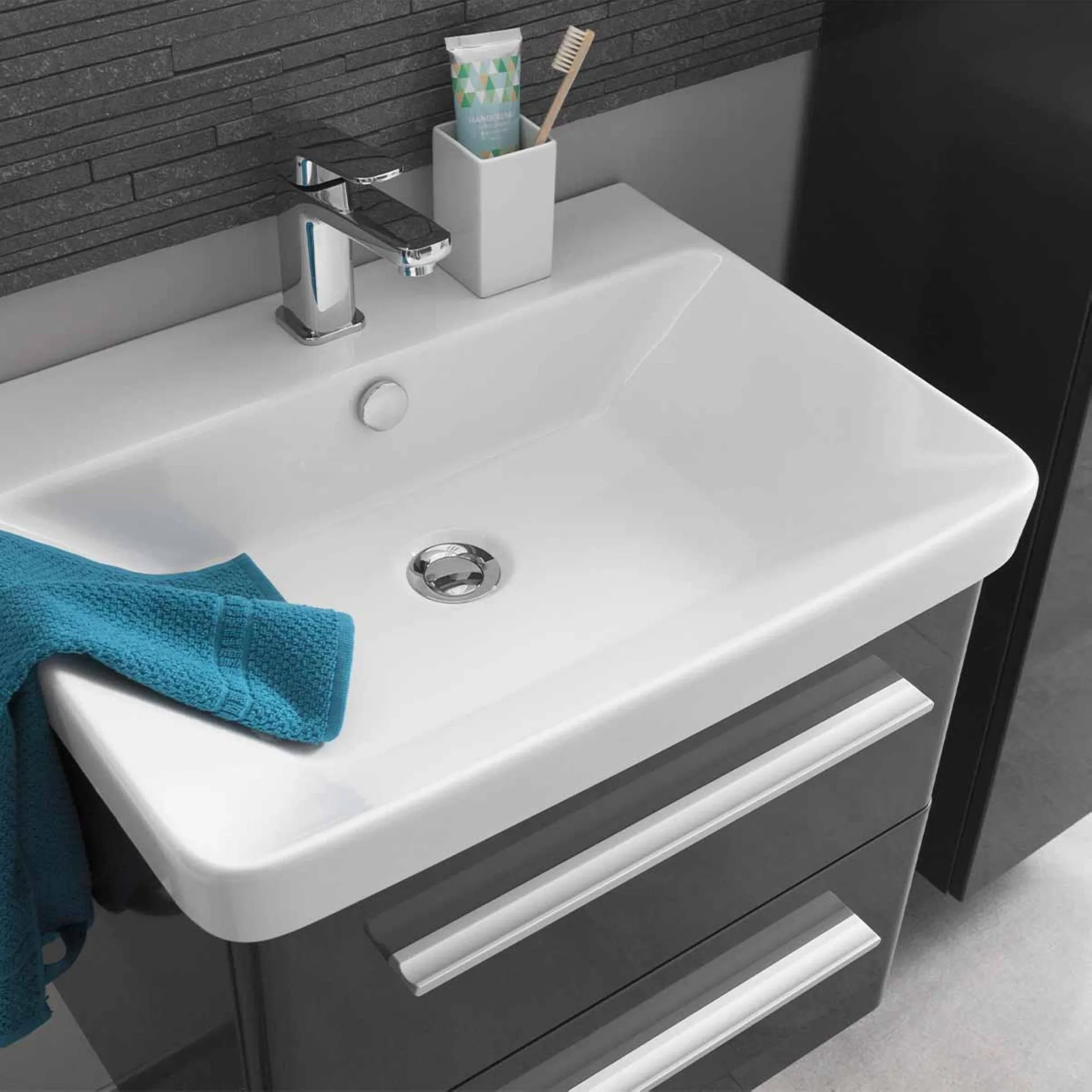 LANZET K8 Waschbecken mit Unterschrank 60 cm breit, Anthrazit, Waschbecken Keramik Weiß