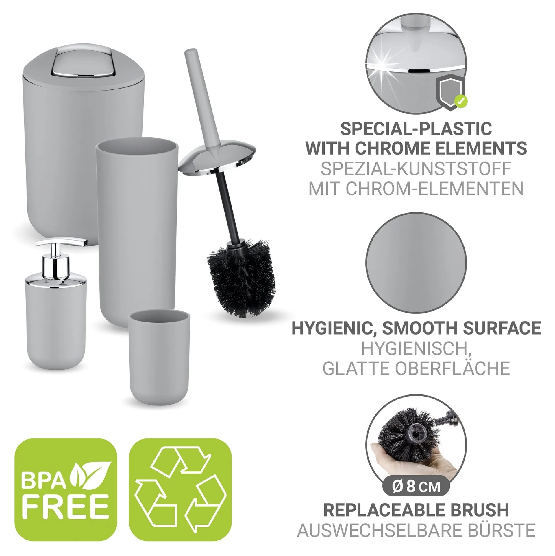 WENKO BRASIL Accessoire Set, Grau, Zahnputzbecher, Seifenspender, WC-Garnitur, Kosmetikeimer