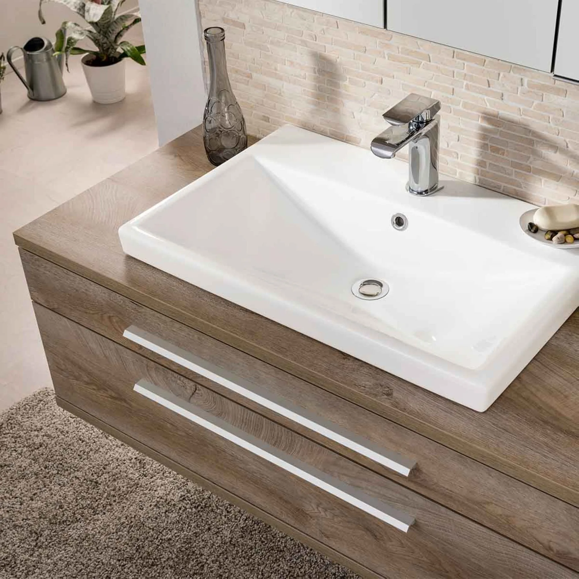 Fackelmann STANFORD Badmöbel Set 3-teilig,110 cm breit, Braun, Keramik + Spiegelschrank