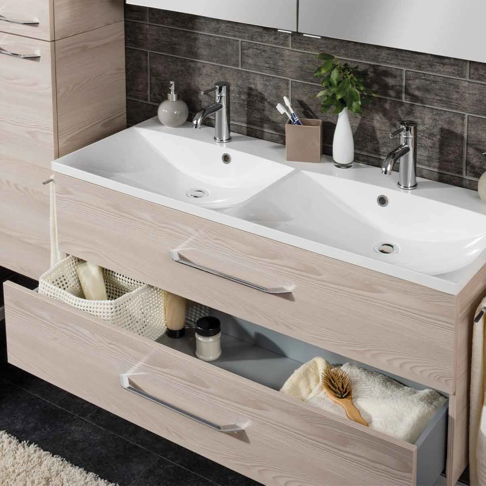 FACKELMANN B.CLEVER Waschbecken mit Unterschrank 120 cm, Braun hell, Doppelwaschbecken Gussmarmor Weiß
