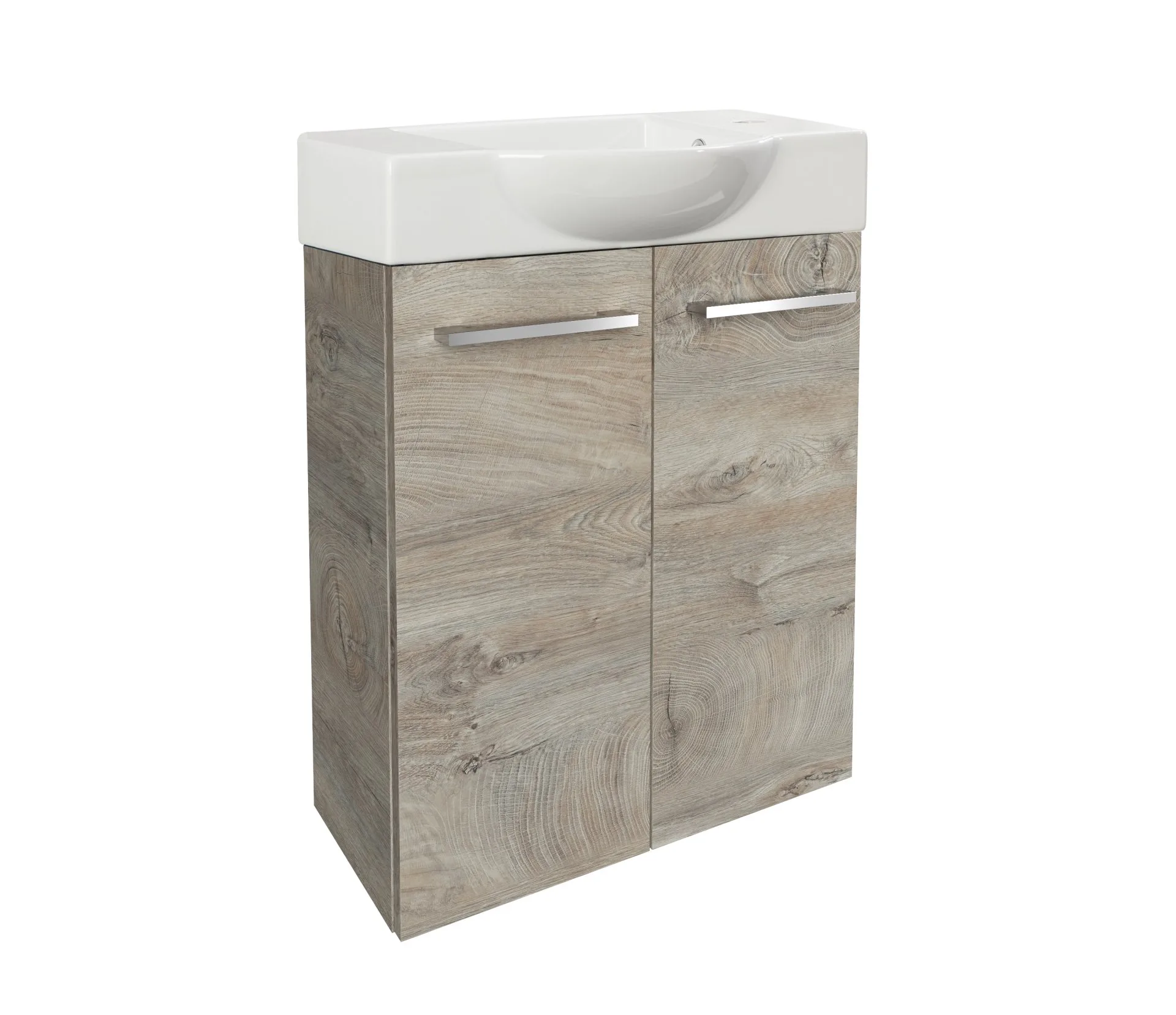 FACKELMANN SBC STANFORD Gäste WC Waschtisch Set 55 cm breit, Braun hell, Waschbecken Keramik Weiß, Hahnloch rechts