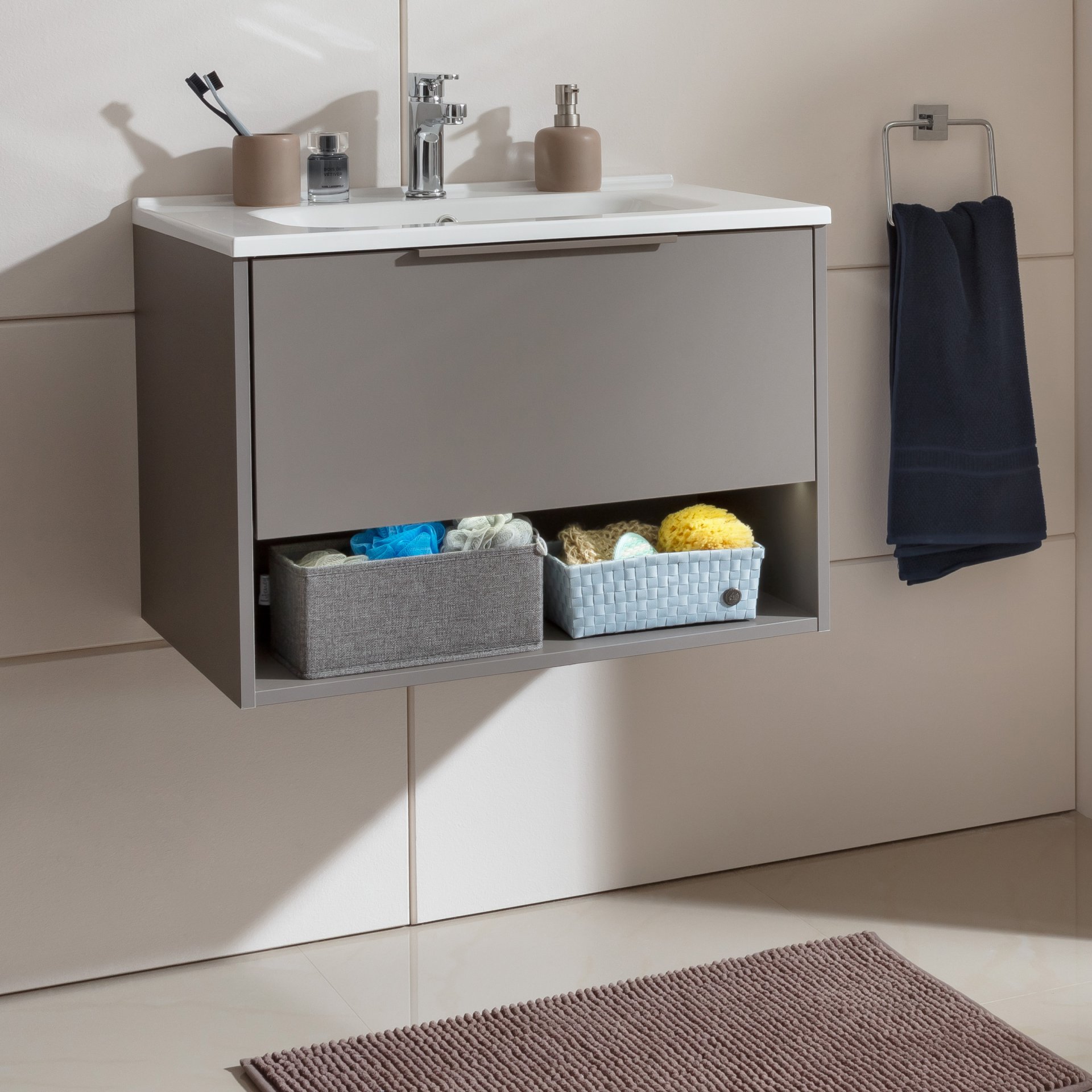 Fackelmann B.PARIS Badmöbel Set 2-teilig 70 cm breit, Grau, Gussmarmor