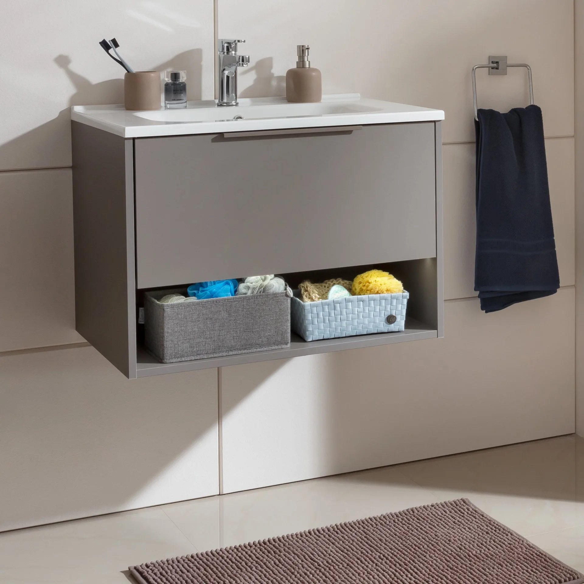 FACKELMANN B.PARIS Waschbecken mit Unterschrank 70 cm breit, Grau, Waschbecken Gussmarmor Weiß