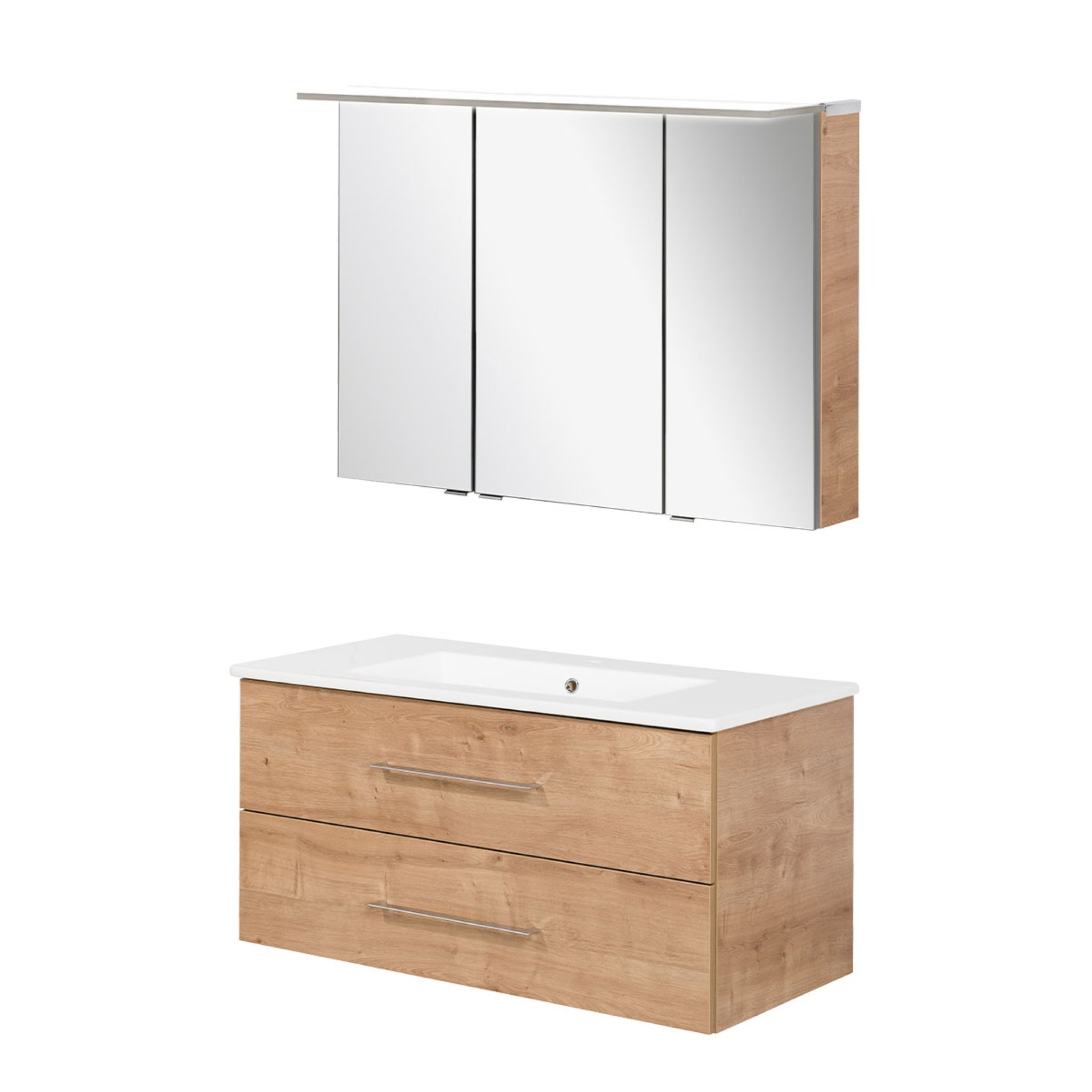 FACKELMANN B.PERFEKT Waschtisch Set mit Spiegelschrank 103 cm breit, Braun hell, Waschbecken Keramik