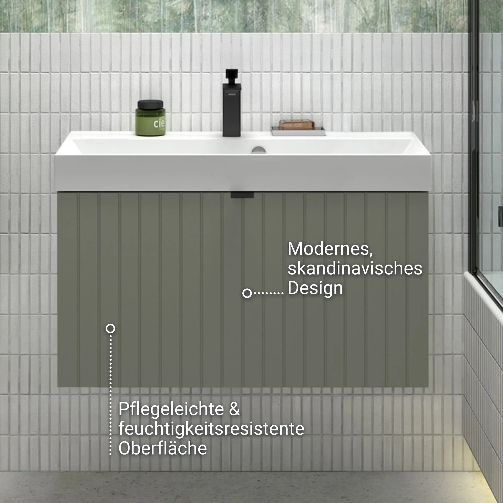 BADEDU ESLA Waschbecken mit Unterschrank 79 cm breit, Grün, Waschbecken Gussmarmor Weiß