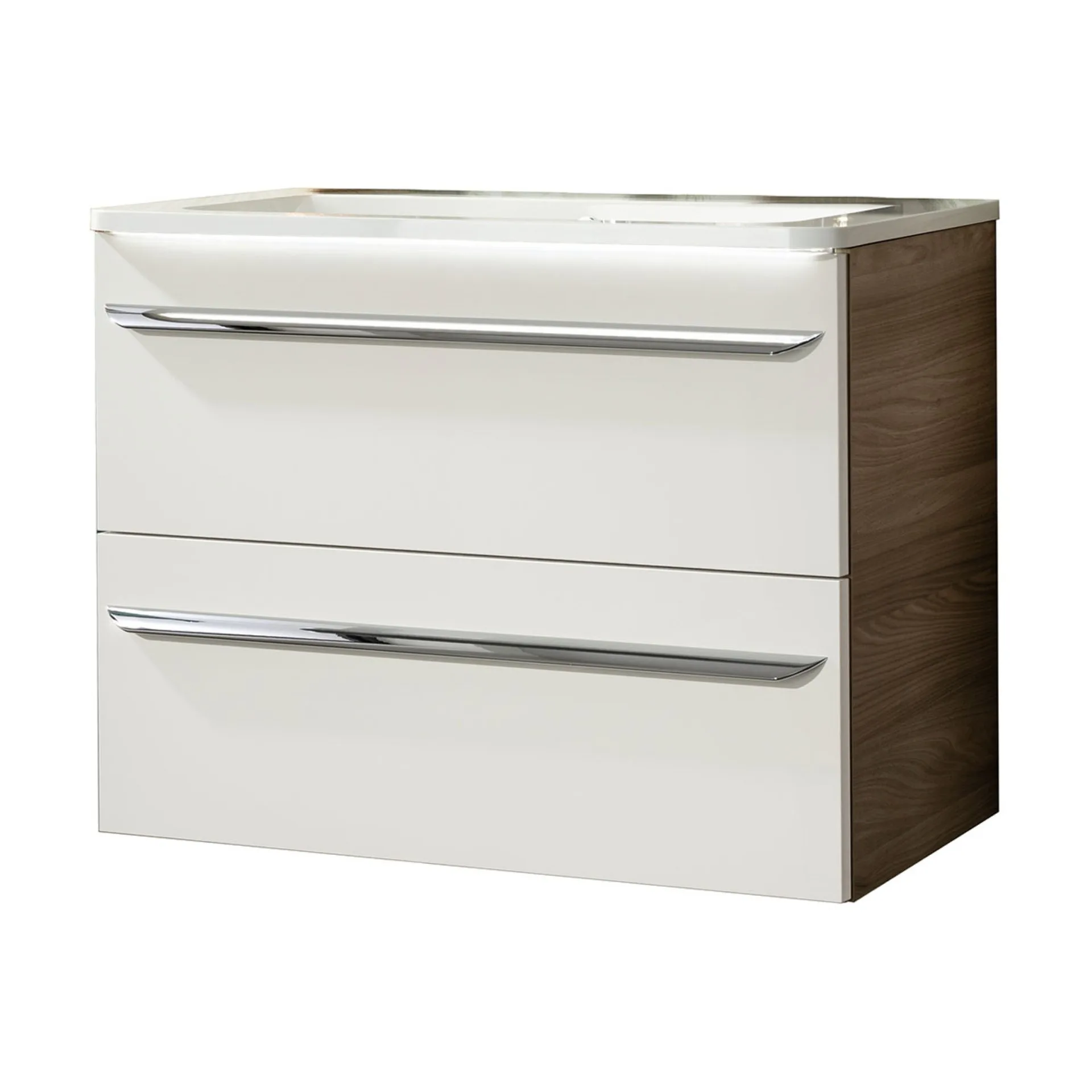 FACKELMANN LUXOR Waschbecken mit Unterschrank 80 cm breit, Weiß/Braun hell, Waschbecken Gussmarmor Weiß