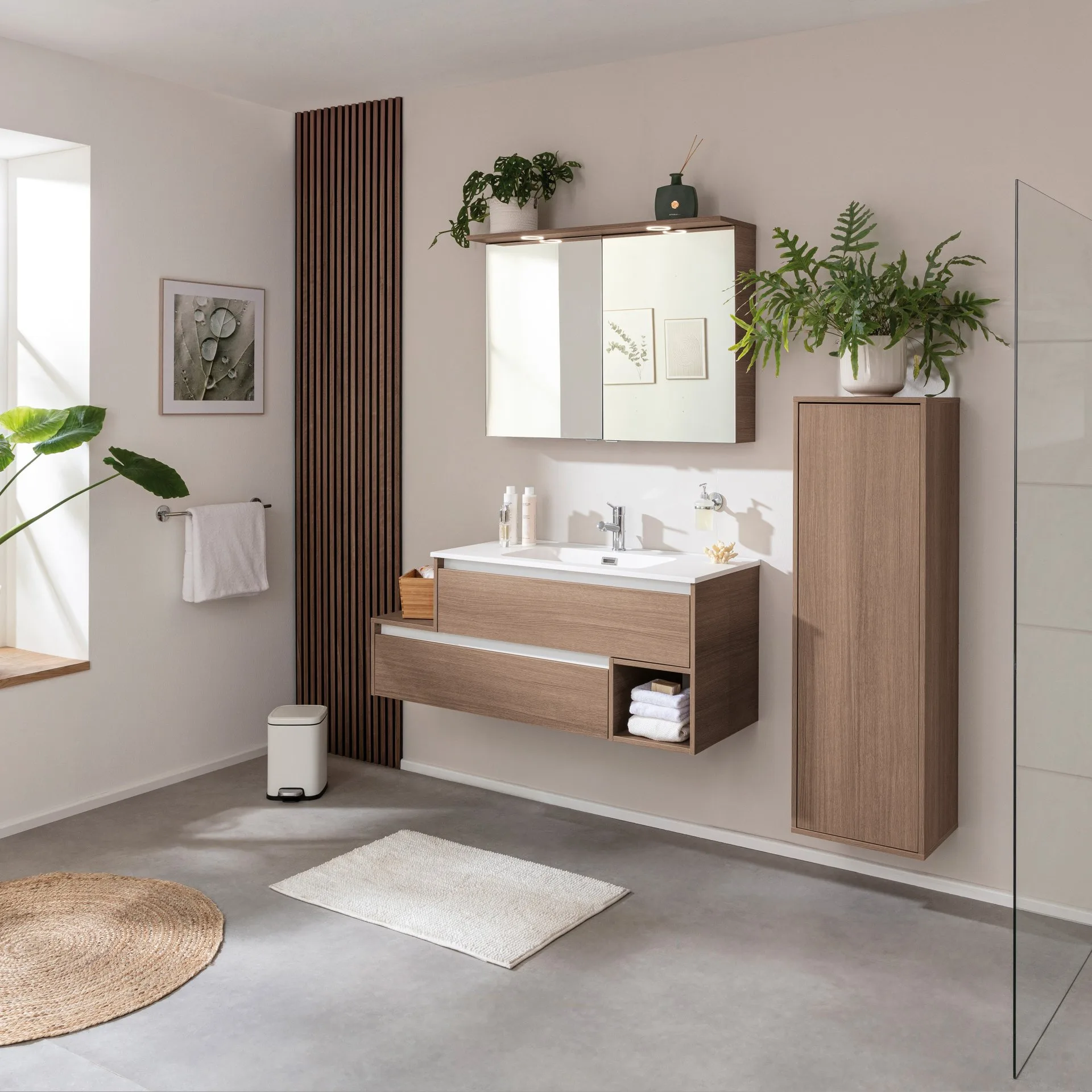 FACKELMANN VITA Waschbecken mit Unterschrank 129 cm breit, Braun hell, Waschbecken Gussmarmor Weiß matt, Ablage links, asymmetrisch