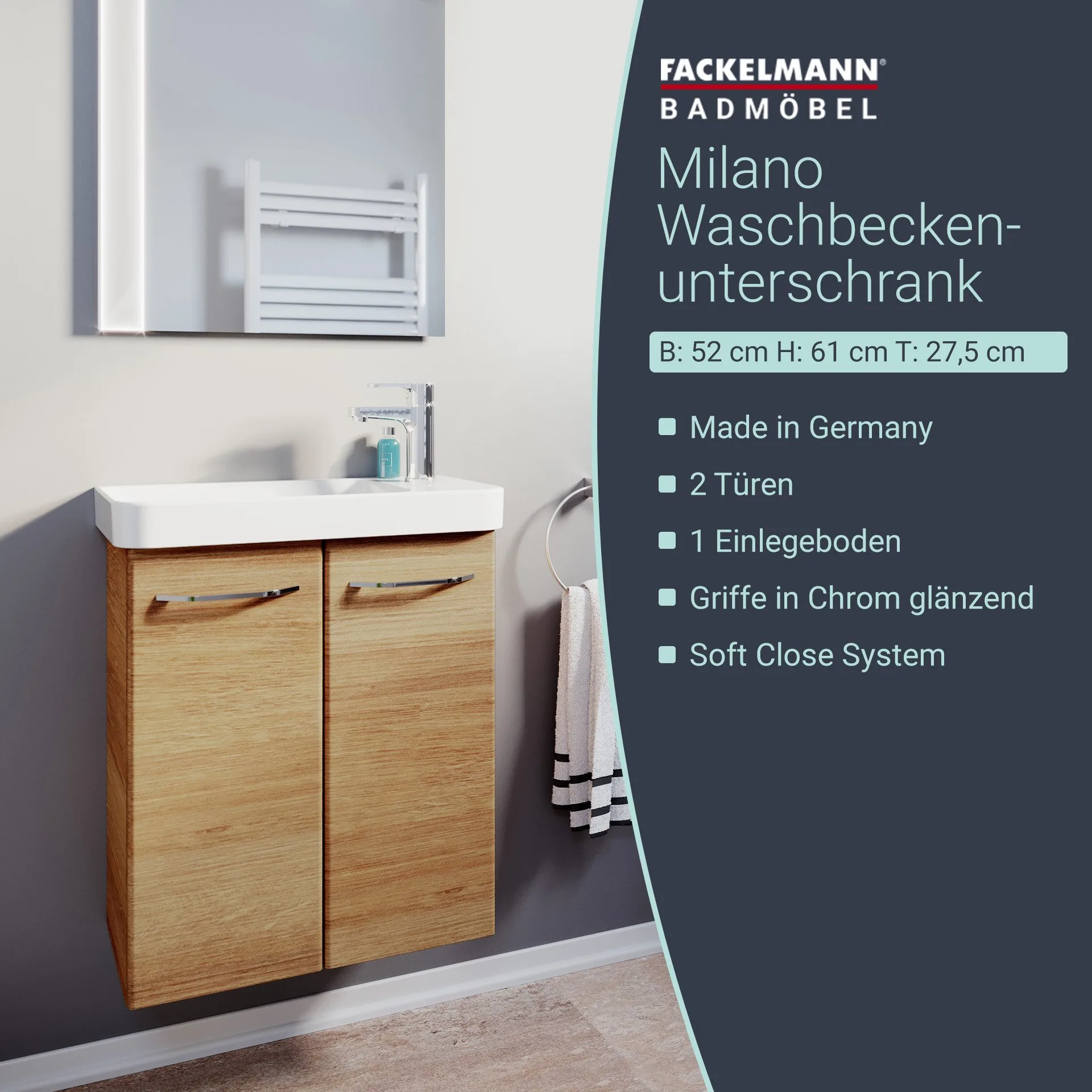 FACKELMANN MILANO Waschbeckenunterschrank Gäste WC 52 cm breit, Braun hell