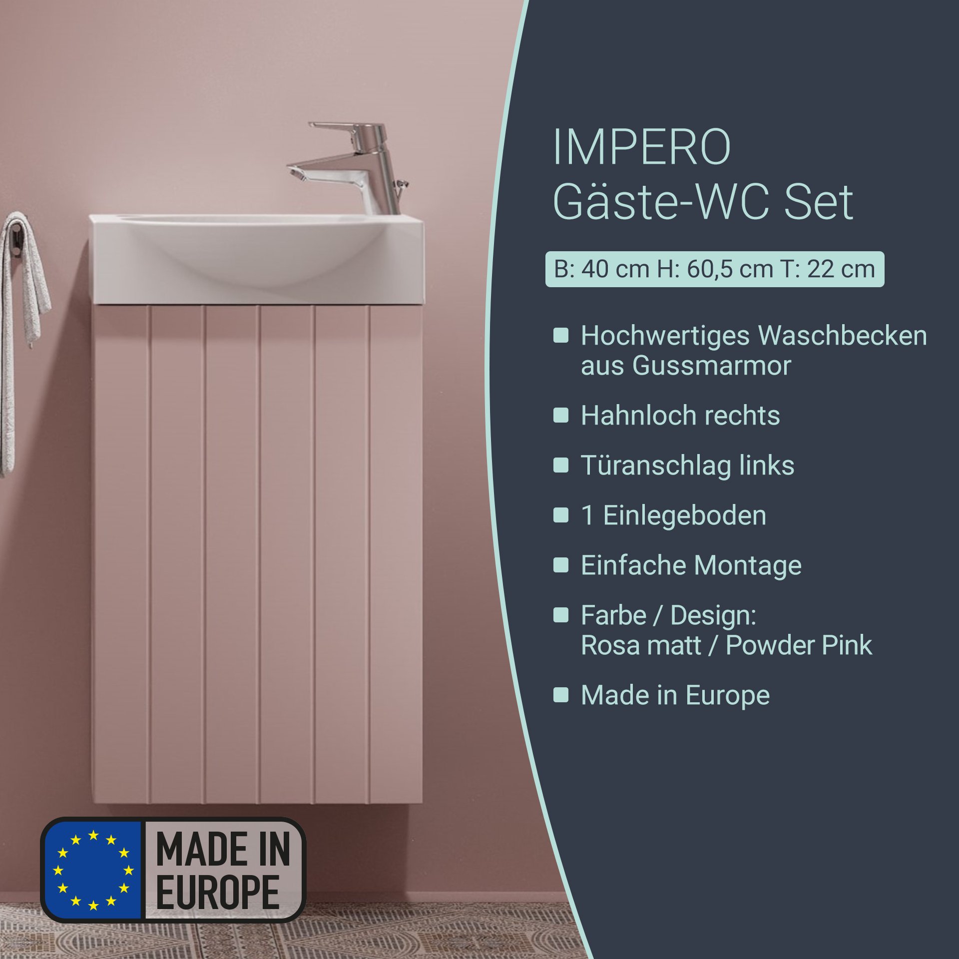 BADEDU IMPERO Gäste WC Waschtisch Set  40 cm breit, Rosa, Waschbecken Keramik Weiß
