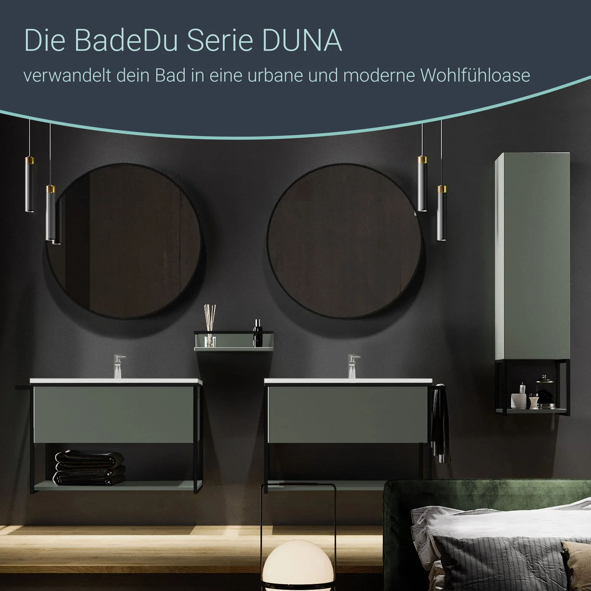 BADEDU DUNA Waschbecken mit Unterschrank 80 cm breit, Grün, Waschbecken Keramik Weiß
