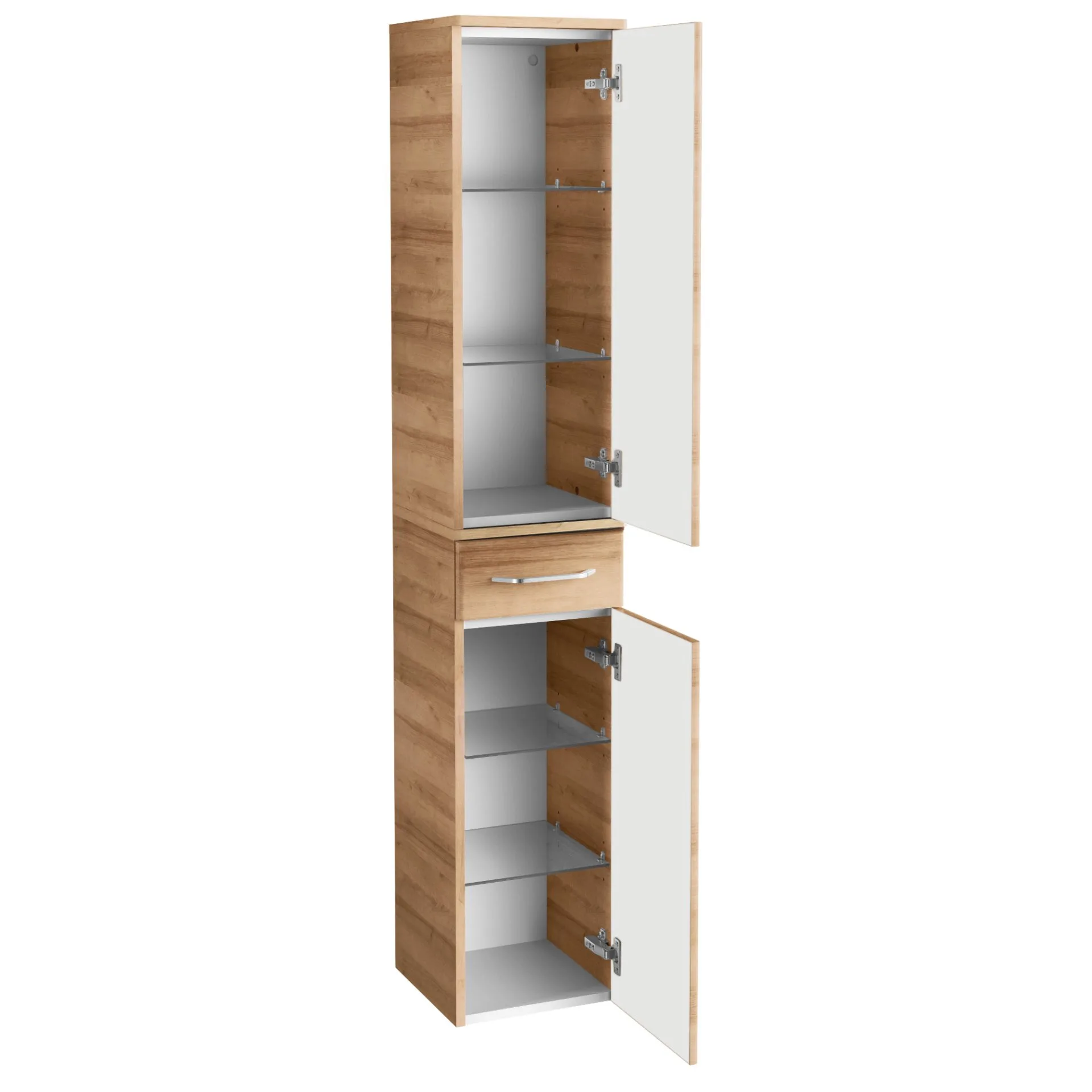 FACKELMANN MILANO Badmöbel Set 4-teilig 107 cm breit, Braun hell, Waschbecken Keramik Weiß + LED Spiegelschrank + Hochschrank