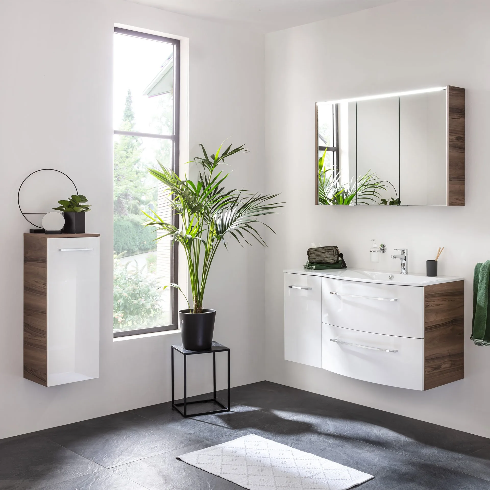 FACKELMANN VERONA Waschbecken mit Unterschrank 115 cm breit, Weiß/Braun Dunkel, Waschbecken Gussmarmor Weiß + Unterschrank Türanschlag rechts