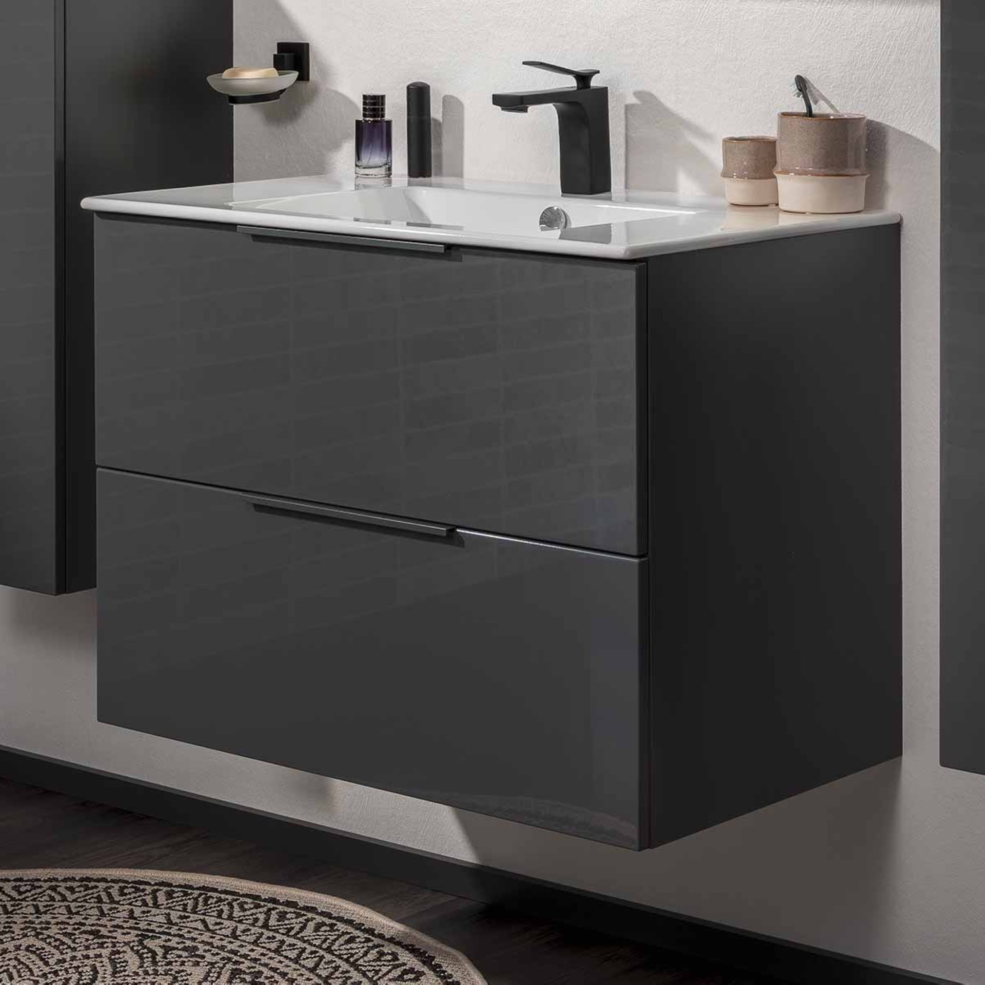 FACKELMANN LUNA Waschbecken mit Unterschrank 80 cm breit, Anthrazit, Waschbecken Keramik Weiß