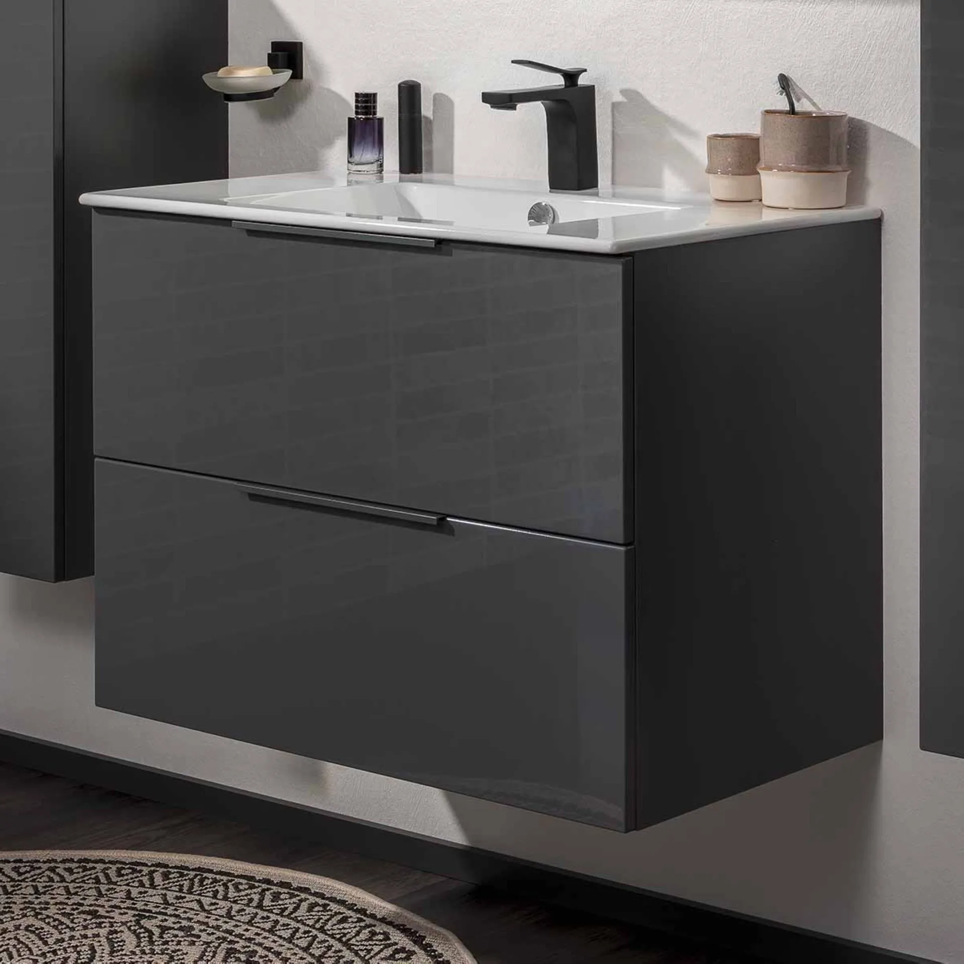 FACKELMANN LUNA Waschbecken mit Unterschrank 80 cm breit, Anthrazit, Waschbecken Keramik Weiß