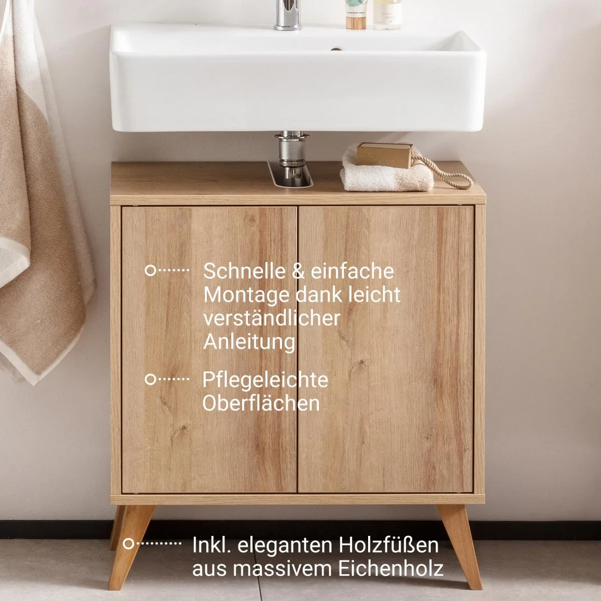 FACKELMANN FINN Waschbeckenunterschrank 60 cm breit, Braun hell + Holzfüße