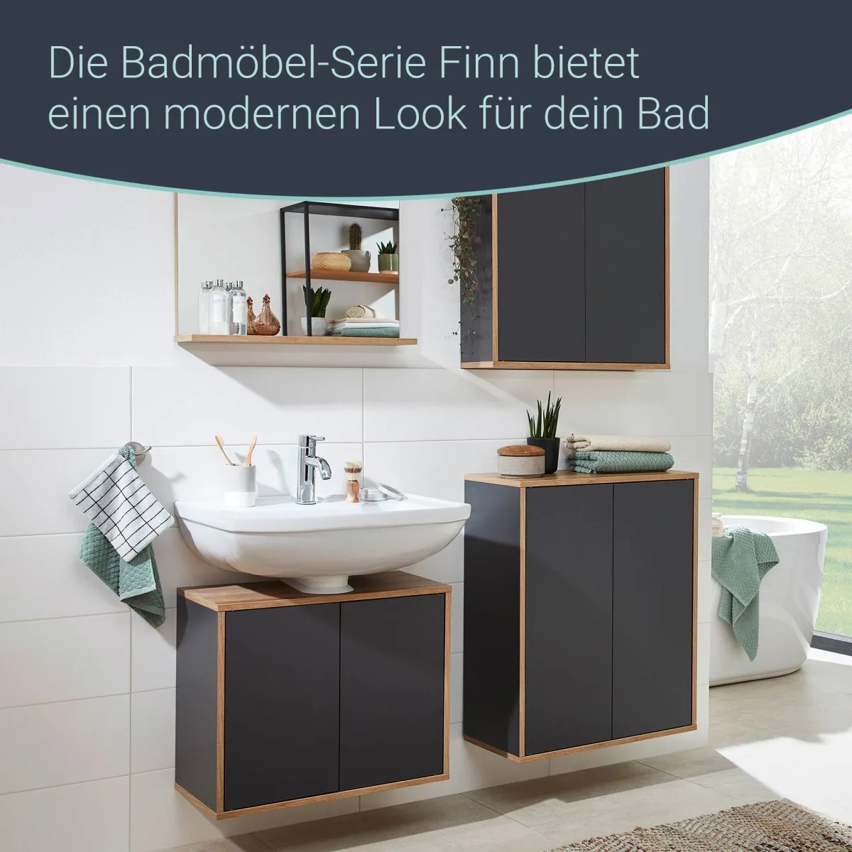 FACKELMANN FINN Doppel Hängeschrank 60 cm breit, Anthrazit/Braun hell