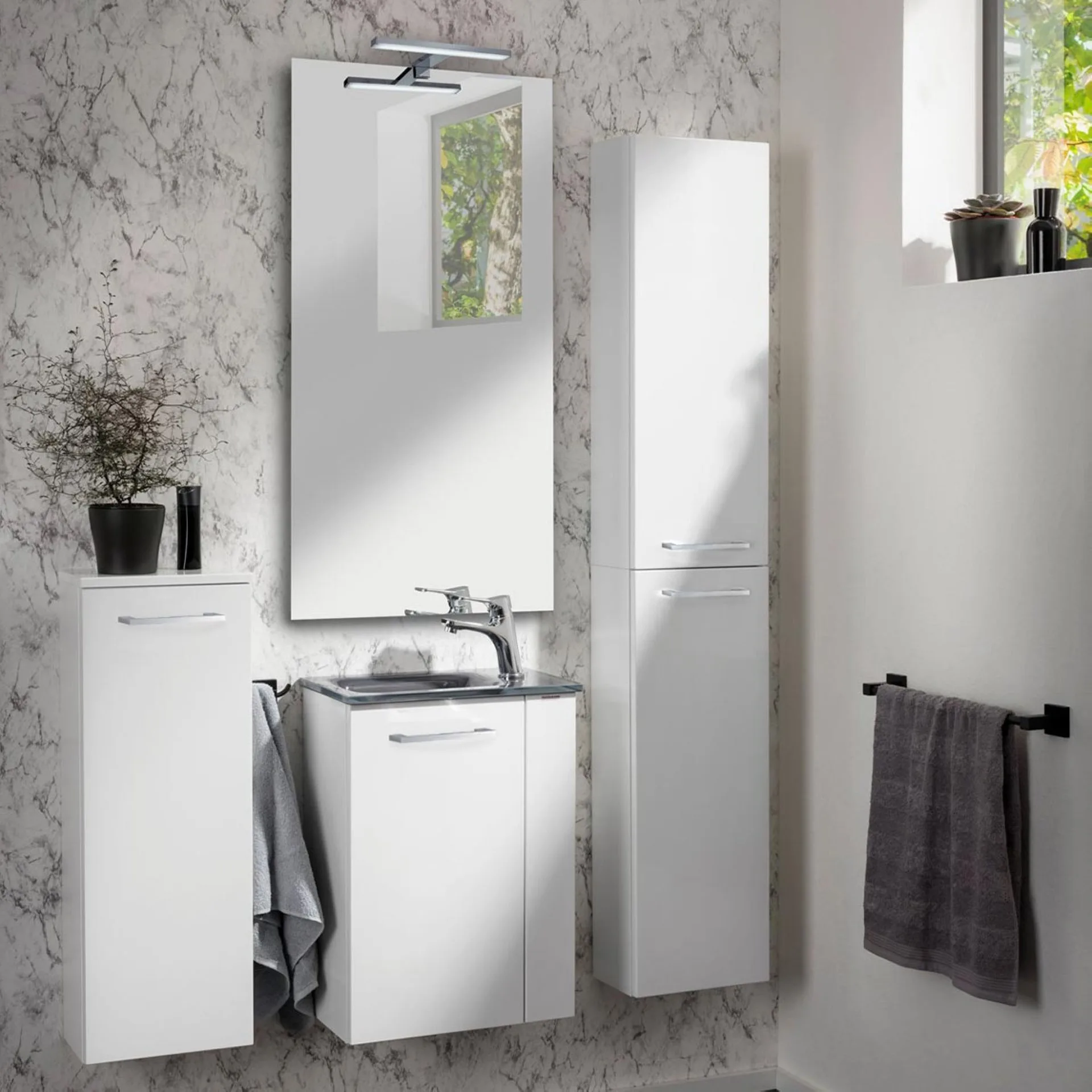 FACKELMANN SBC SCENO Waschbeckenunterschrank Gäste WC 45 cm breit, Weiß, Türanschlag links