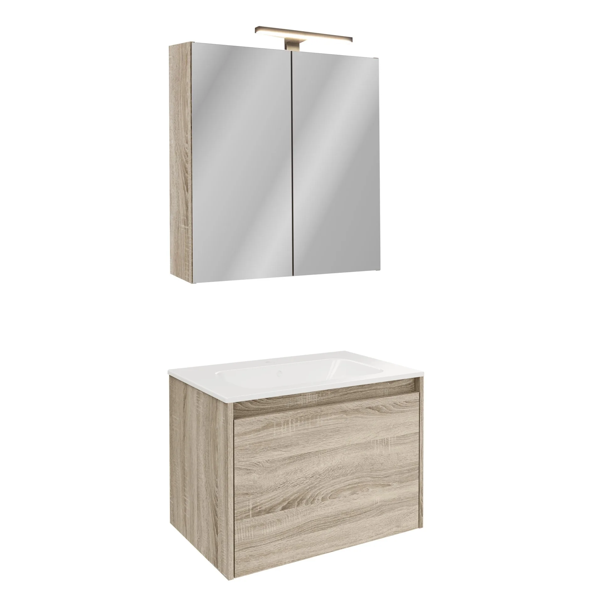 FACKELMANN COMPACT LINE Waschtisch Set mit Spiegelschrank 71 cm breit, Braun, Waschbecken Keramik Weiß, inklusive Aufsatzleuchte und Energie Box, 1 Schublade