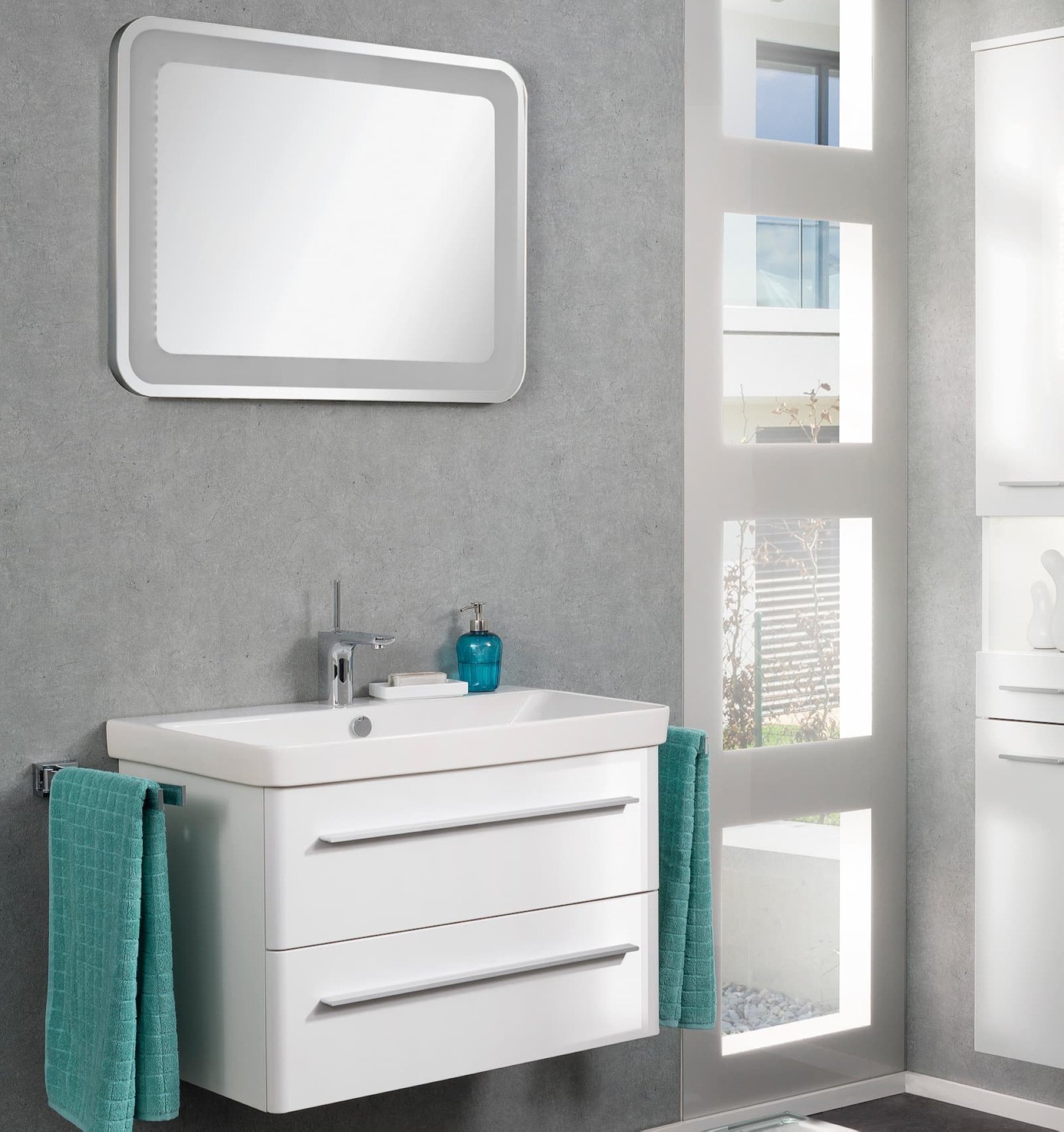 Lanzet K8 Badmöbel Set 3-teilig, 80cm, Weiß, LED Spiegelelement, Keramikbecken